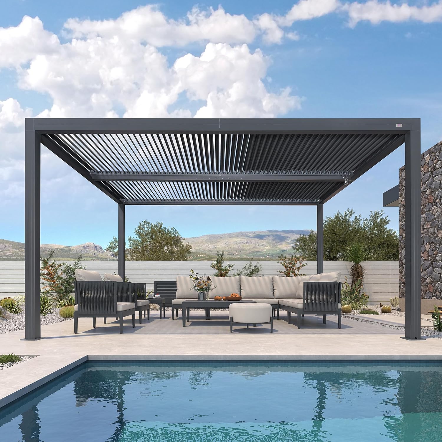 karaca-alisveris - Pergola Bioclimatique - 4,24 x 3,3 m - Aluminium, lames orientables, commande indépendante, gris