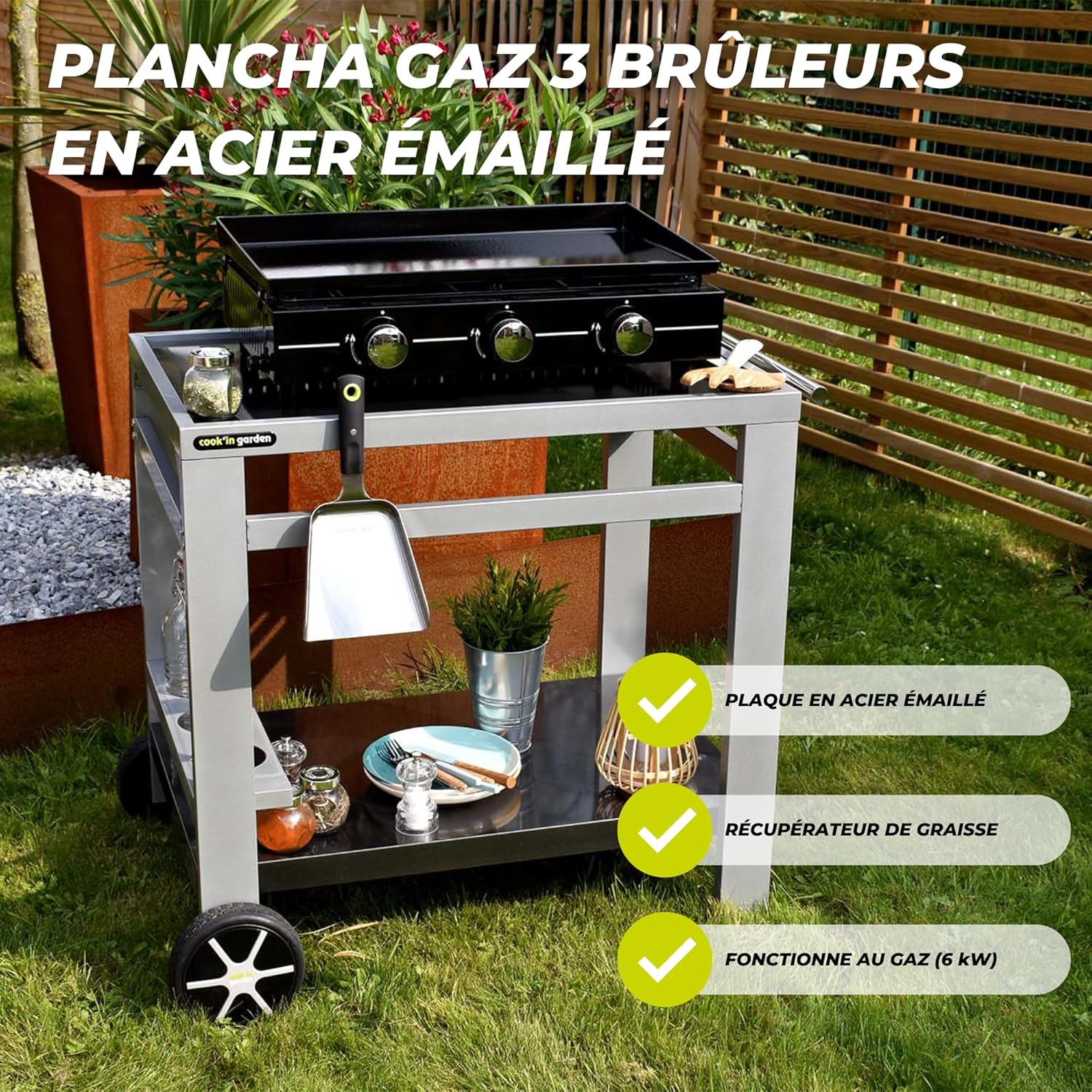 Cook’in Garden - plancha gaz 3 brûleurs, acier émaillé, 10 pers, bac amovible