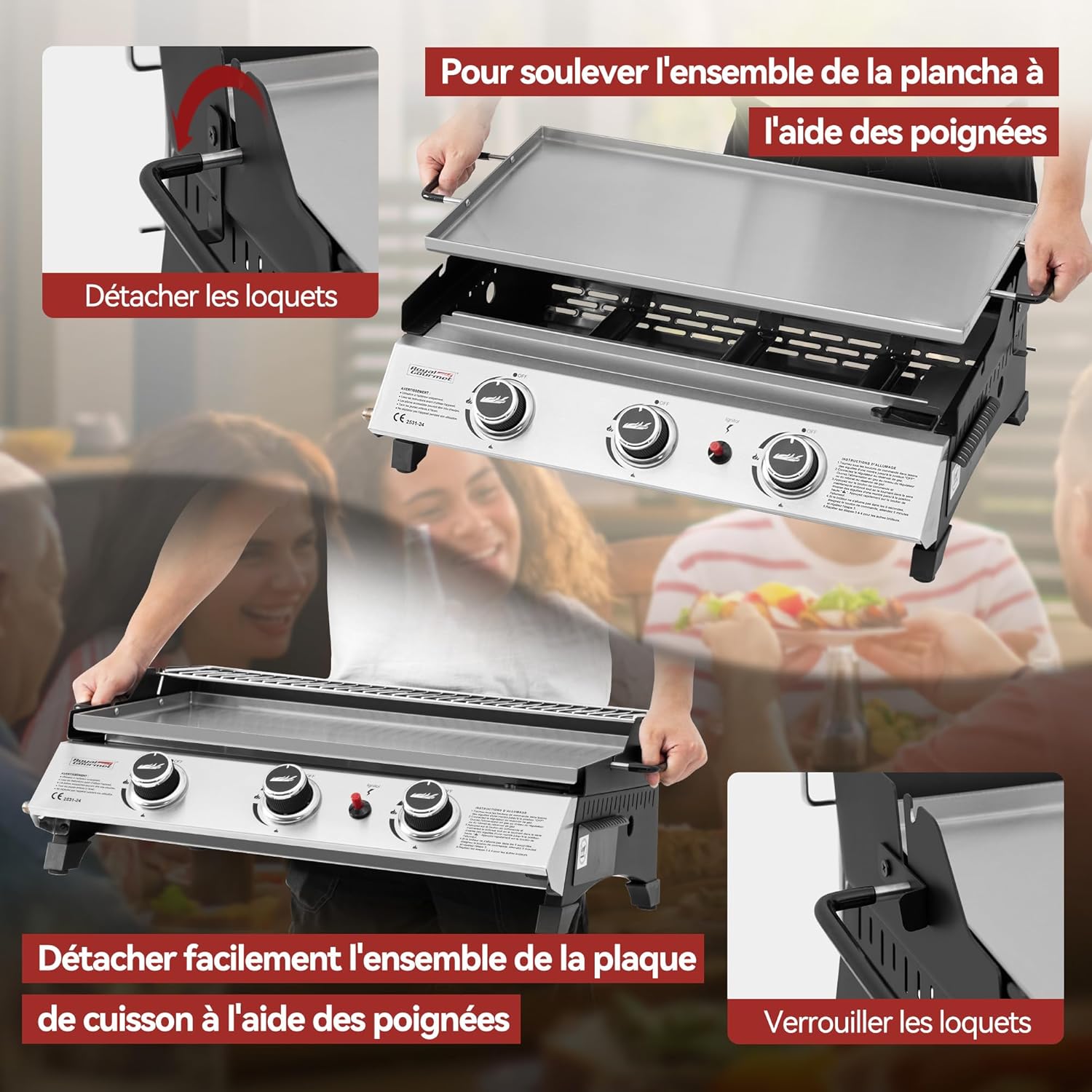 karaca-alisveris - Plancha gaz inox 3 brûleurs 61,5x32cm, 7,5kW, usage extérieur