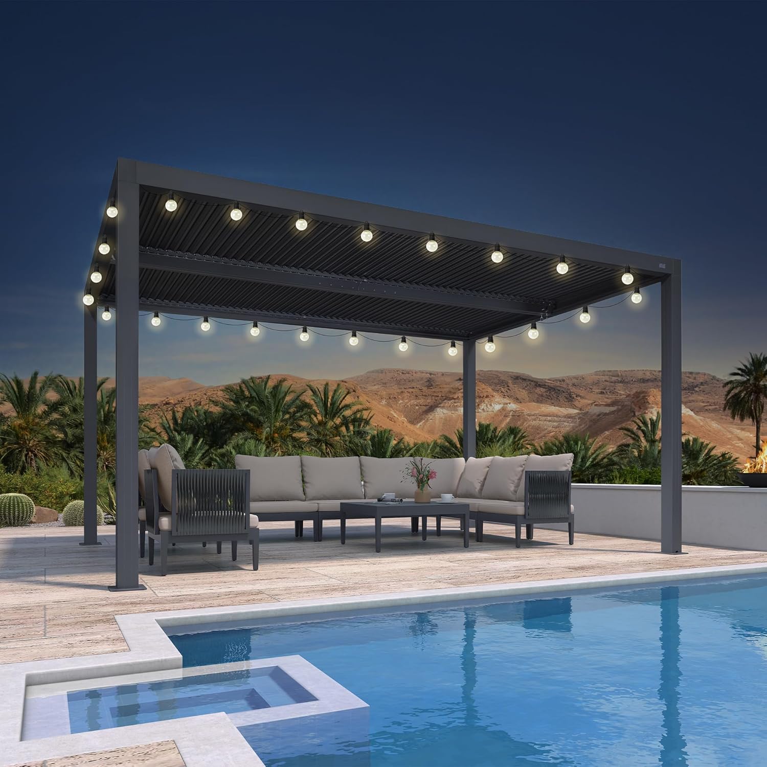 karaca-alisveris - Pergola bioclimatique 4,24x3m, aluminium, lames orientables, éclairage extérieur, 12,72m², Gris