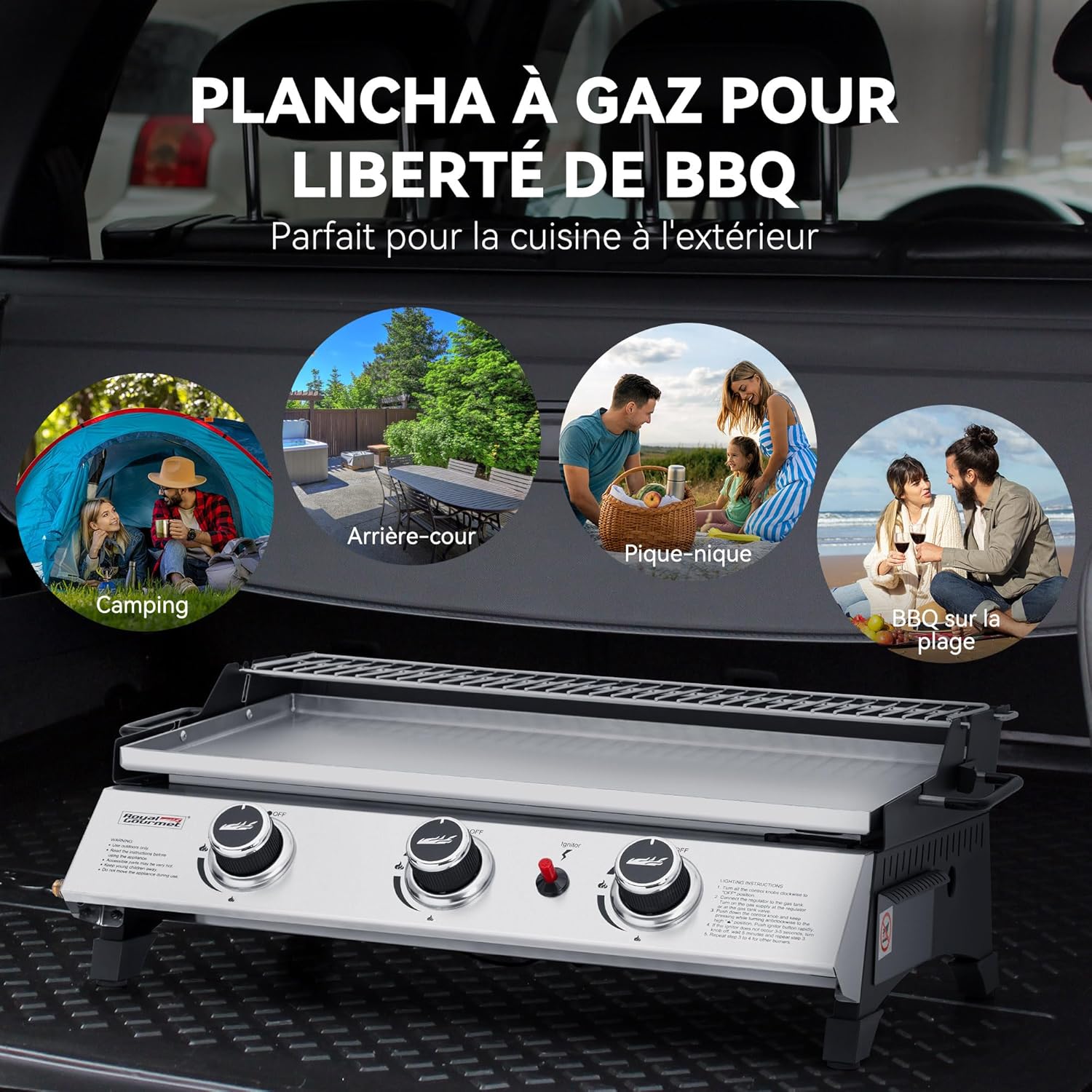 karaca-alisveris - Plancha gaz inox 3 brûleurs 61,5x32cm, 7,5kW, usage extérieur