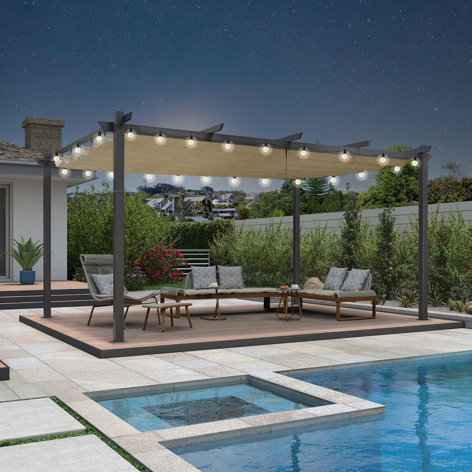 karaca-alisveris - pergola aluminium série LED - 4,8x3,5 m - toit rétractable, structure résistante, kaki