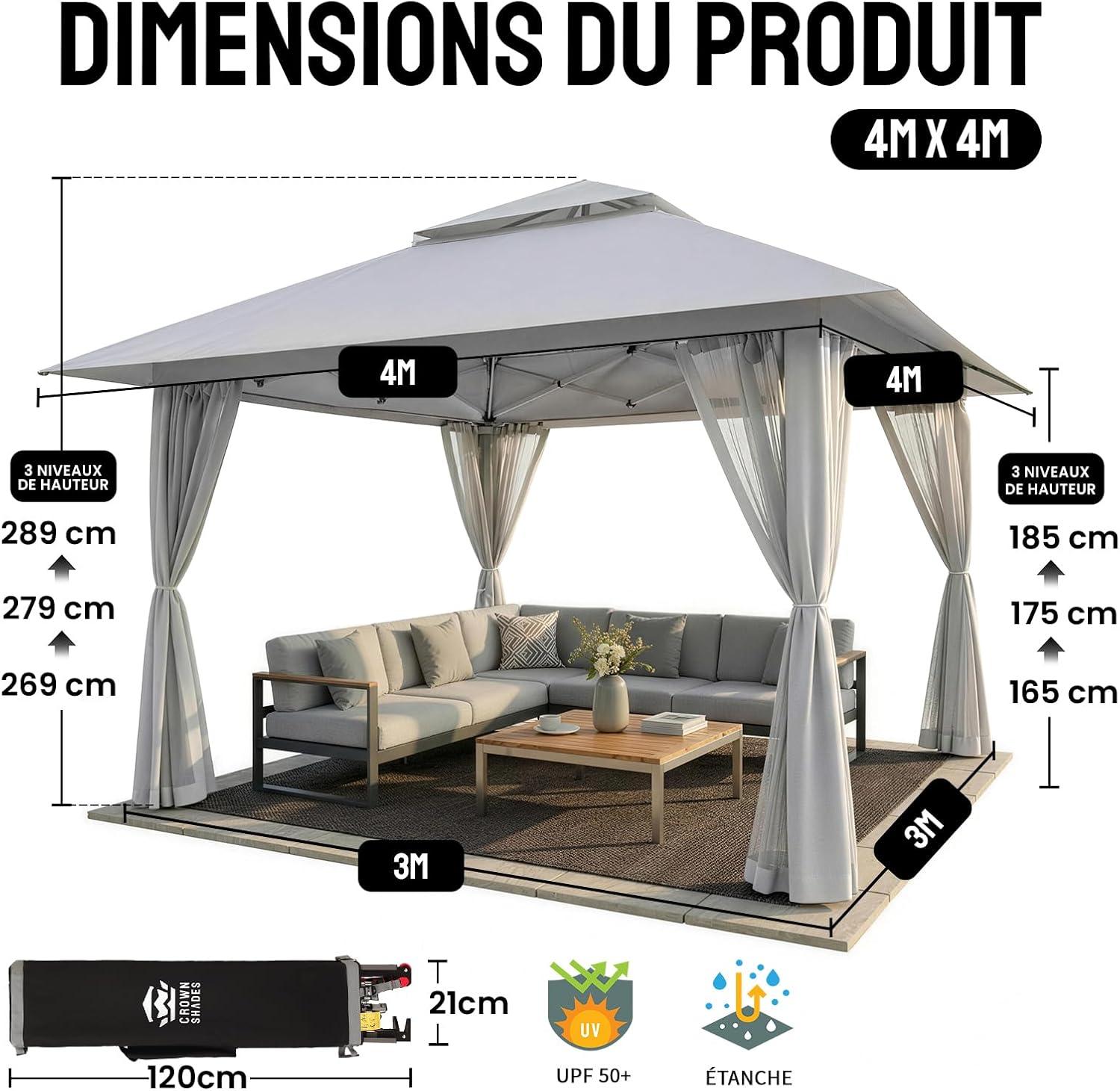 karaca-alisveris - tonnelle jardin pop up - 4x4 m - double toit, côtés maille, hauteur réglable
