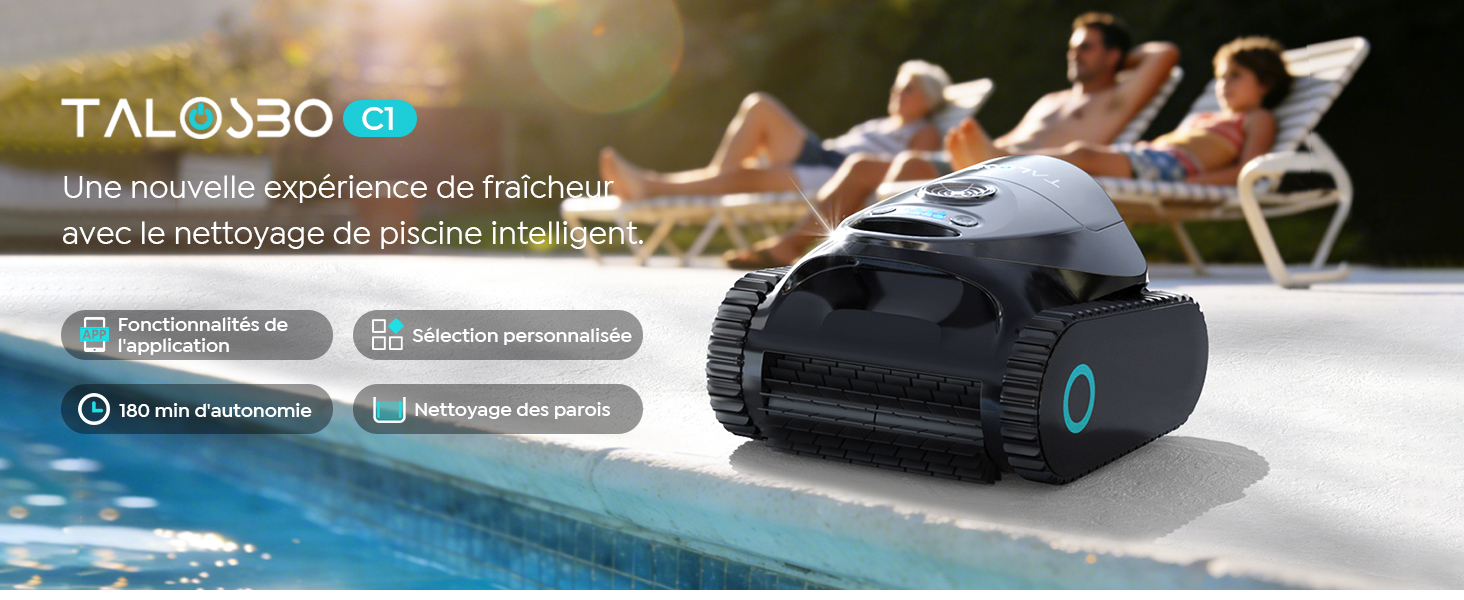 Le texte indique « karaca-alisveris C1 ». Vues multiples du robot nettoyeur de piscine noir avec démonstrations des caractéristiques techniques et affichage de l'interface.