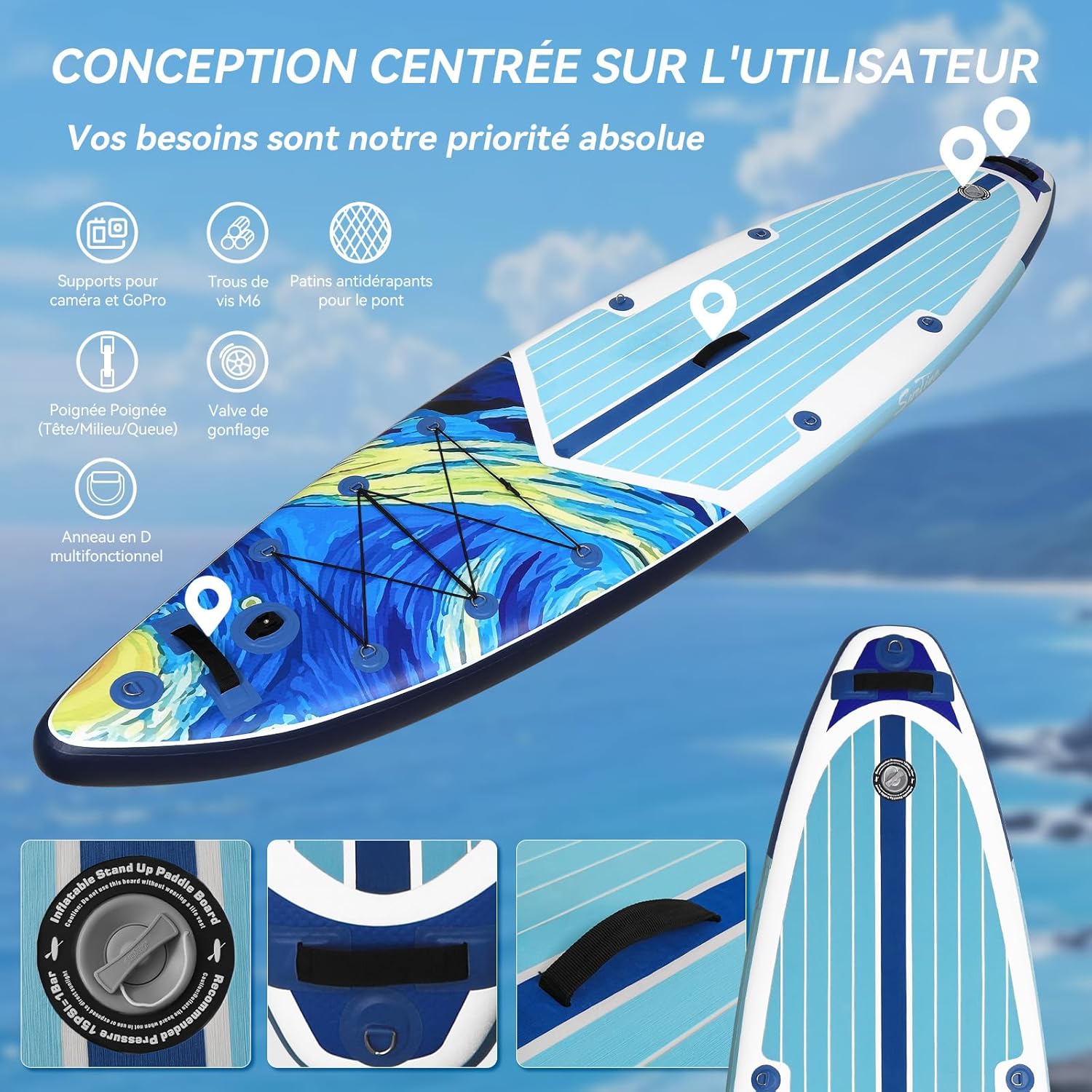 karaca-alisveris - Paddle gonflable adulte 320/335cm - 2 personnes, siège kayak, pagaie, support caméra, 150kg