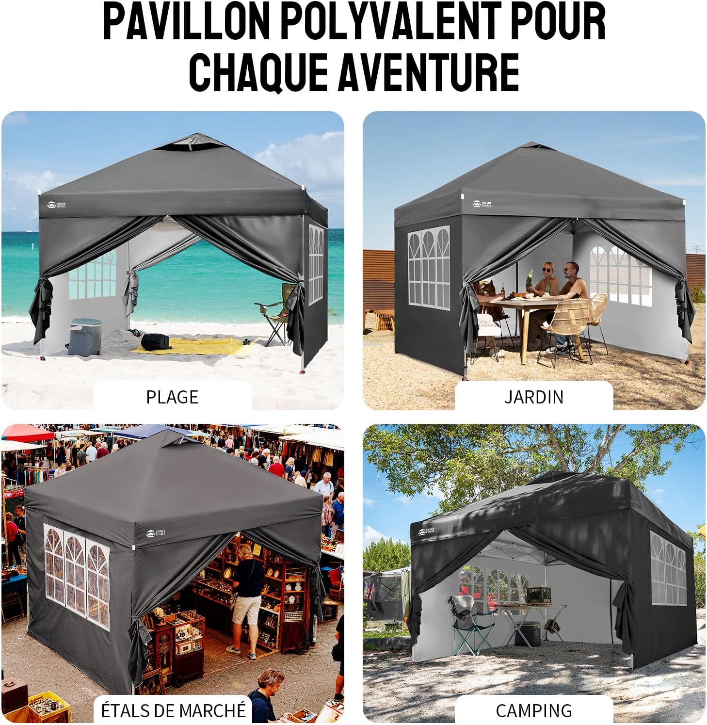 karaca-alisveris Tonnelle Pliante 3x3 Imperméable, Barnum Pliant de Jardin Exterieur, Pop-Up Gazebo avec Sac de Rangement, UPF 50+, avec 4 Parois Latérales Amovible, 4 Sac de Sable, Gris
