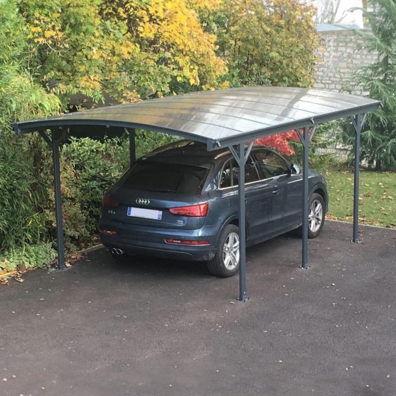 Carport autoportant - aluminium/polycarbonate - 17,28m² - anti-UV, gris, gouttières