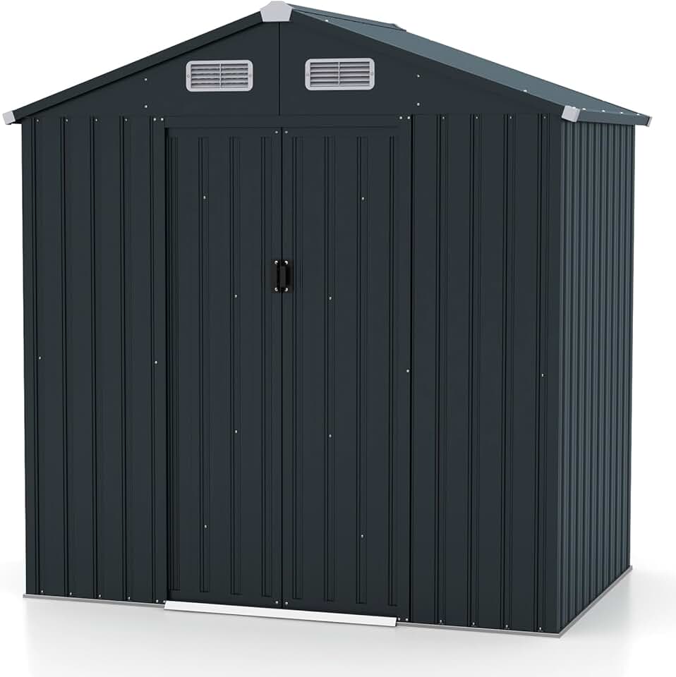 karaca-alisveris 2,16m² Abri de Jardin 4,26m³, Abri à Outils avec Toit Incliné, Portes Coulissantes, Aérations, Résistant aux Intempéries, Cadre en Acier Galvanisé Antirouille, pour Jardin, Arrière-Cour