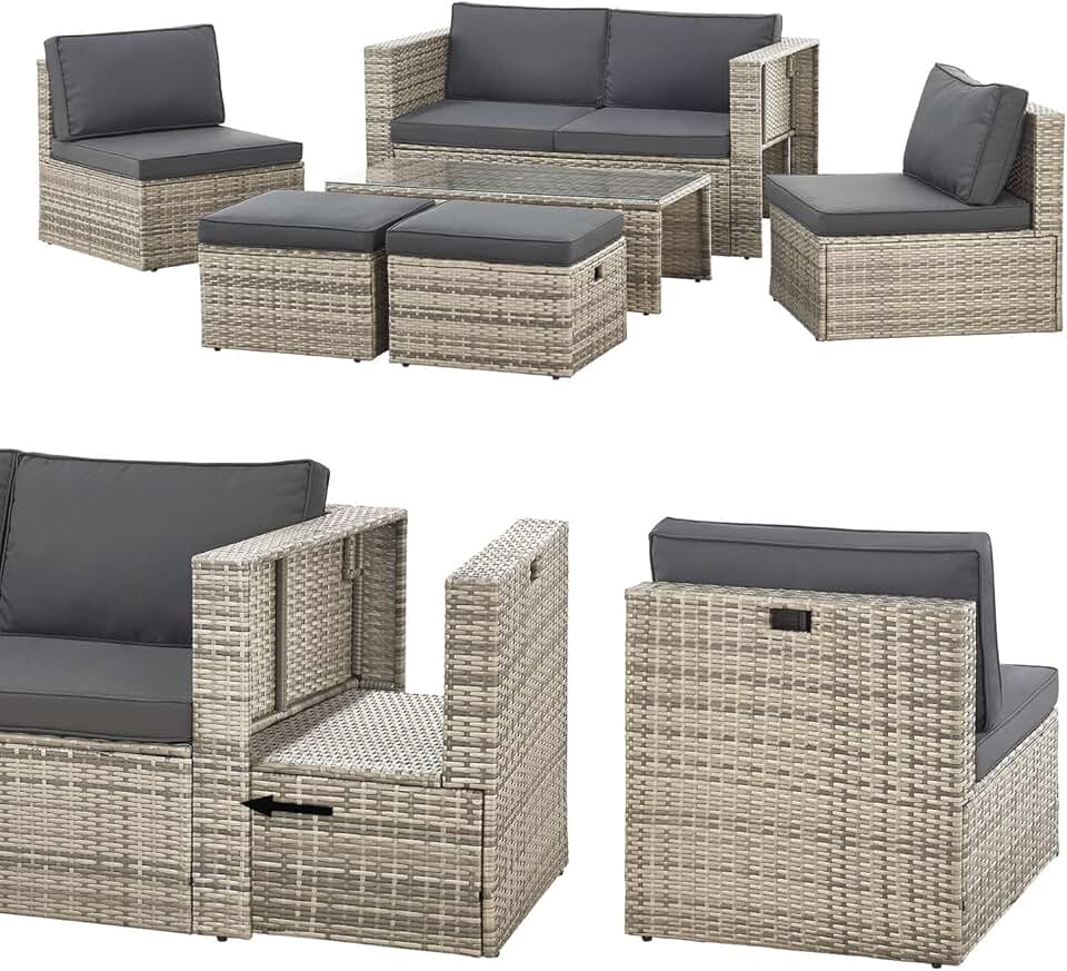 karaca-alisveris - Salon de jardin Salou - 6 places, polyrotin, table, coussins, résistant intempéries, gris