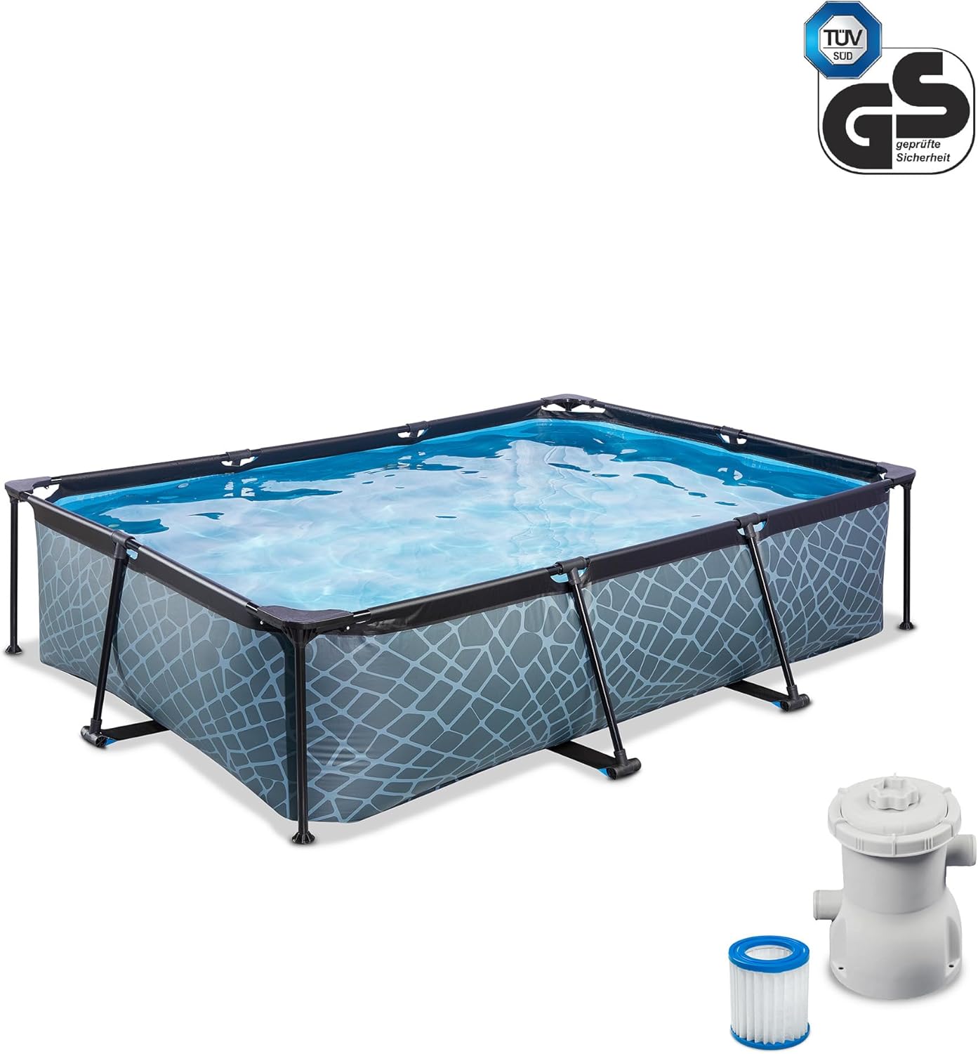 karaca-alisveris Piscine Stone - 300x200x65cm - Piscine Hors Sol Rectangulaire avec Pompe Filtrante à Cartouche - Entrée Basse - Idéal pour Les Jeunes Enfants - Cadre Stable - Design Unique - Gris