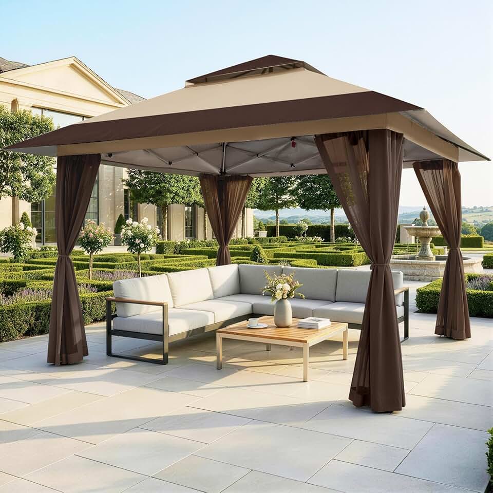 karaca-alisveris Tonnelle de Jardin 4 x 4 m, Pop Up Gezebo Exterieur Imperméable, Abri de Jardin Réglable en Hauteur, Double Toit avec Côtés en Maille Zippée, Sac de Transport, Beige