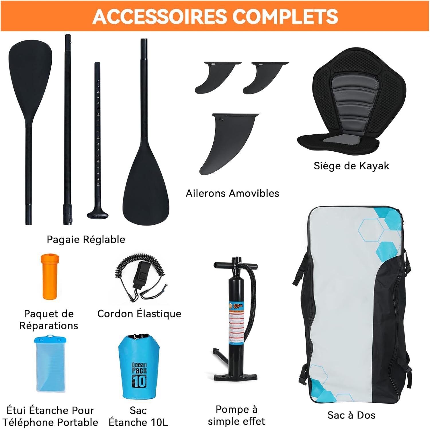 karaca-alisveris - Paddle gonflable adulte - 320/335cm - 2 personnes, siège kayak, pagaie alu, caméra, pompe, 150kg