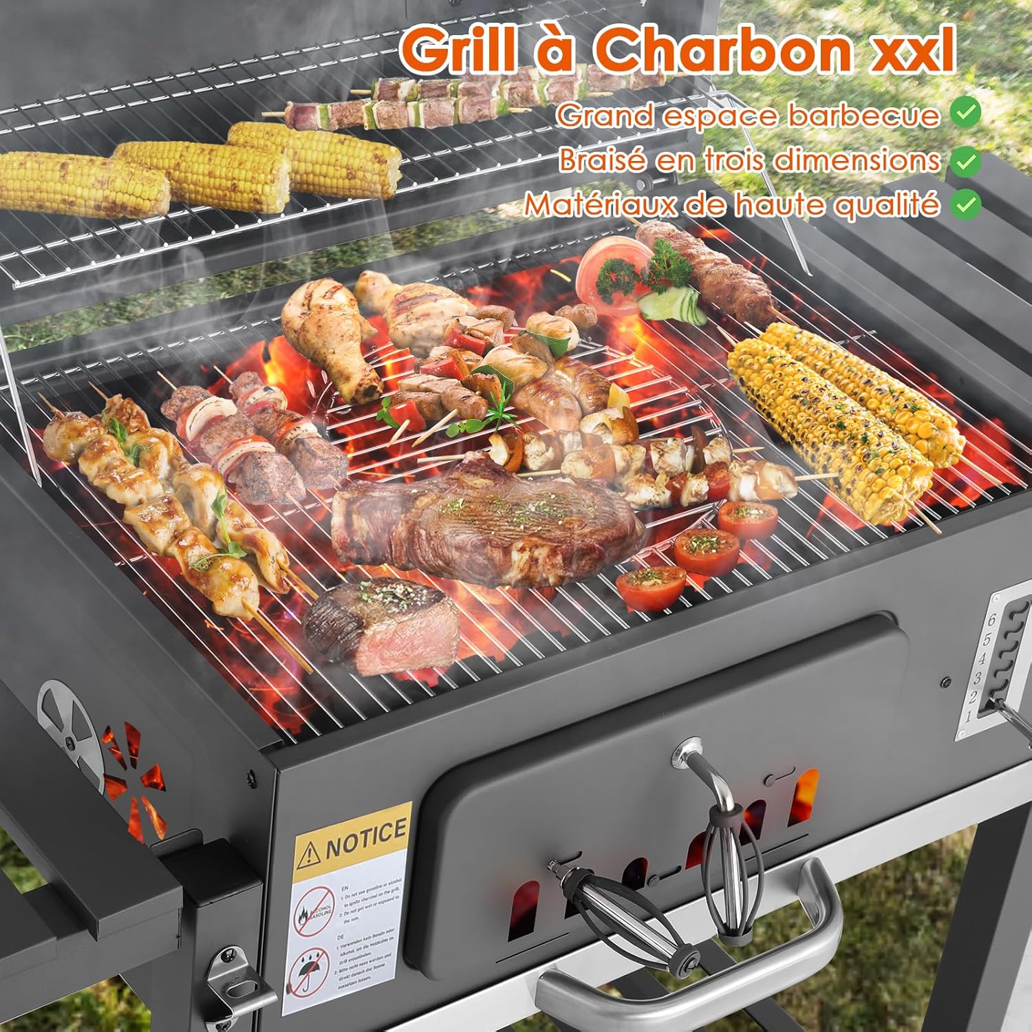 Barbecue au Charbon de Bois - XXL avec couvercle, roues, thermomètre - 152x136x60cm, grande capacité