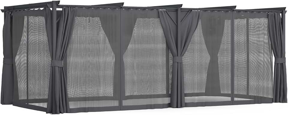 karaca-alisveris - Pergola intégrale moustiquaire, toit rétractable 3x6m, 6 rideaux gris