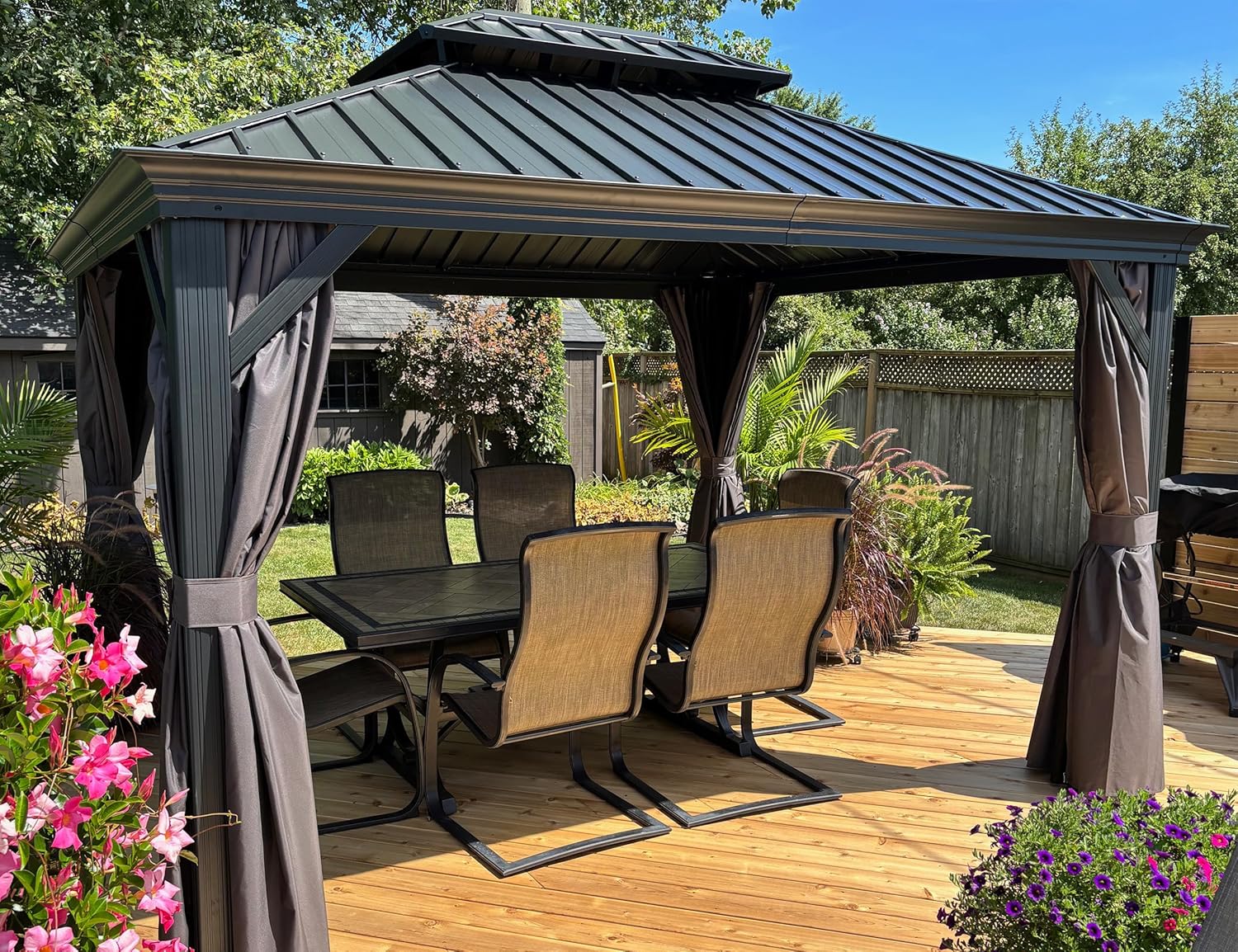 karaca-alisveris - tonnelle jardin série toit rigide - 3,65x3m - acier galvanisé, gouttière, rideaux épais