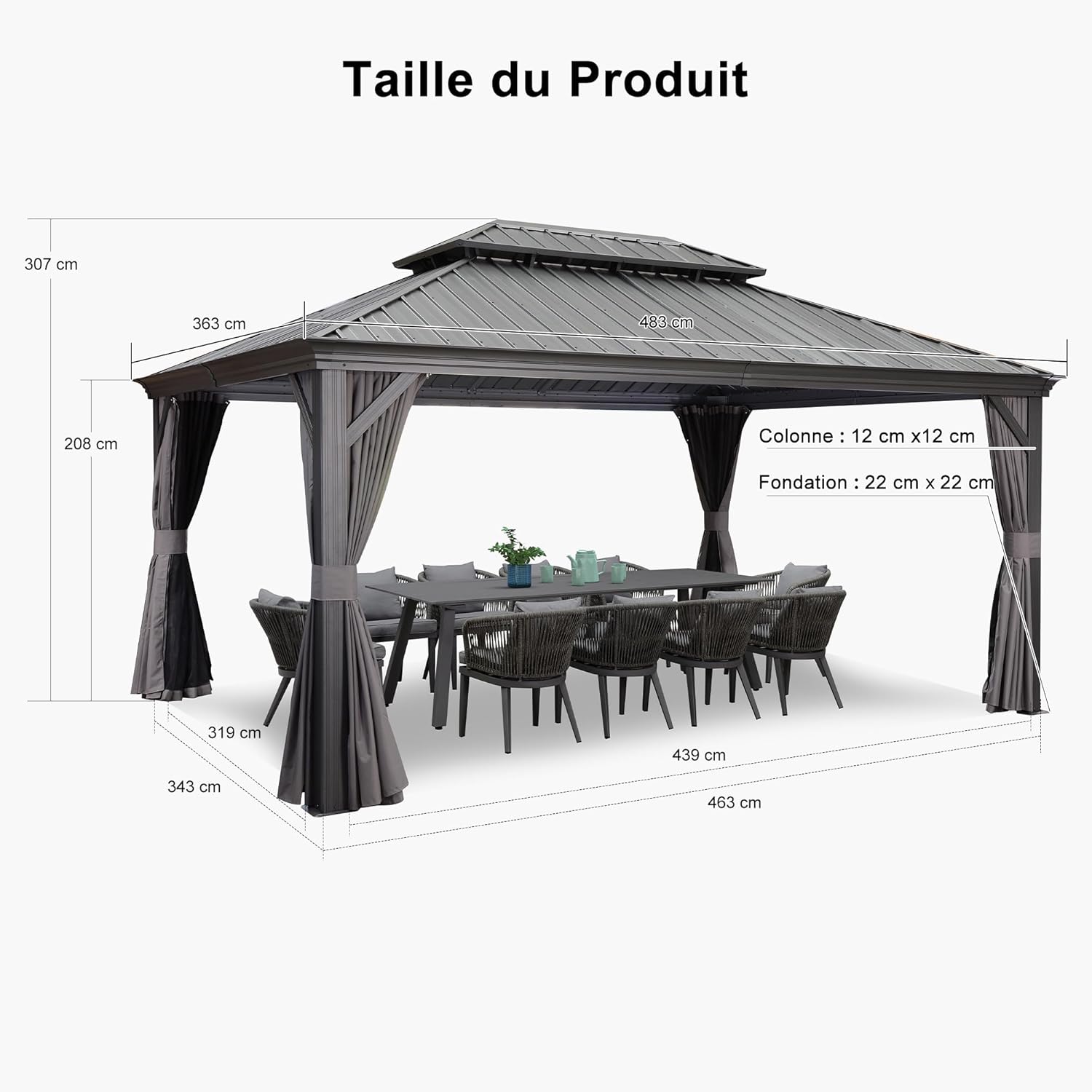 karaca-alisveris - Tonnelle série toit double - 4,85×3,65m - acier galvanisé, rideaux épais, gouttière