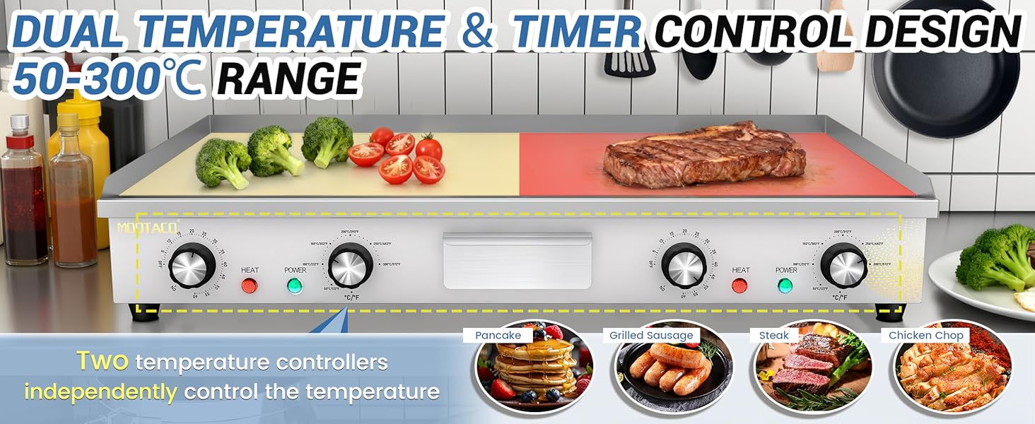 Le texte indique « CONCEPTION À DOUBLE CONTRÔLE DE TEMPÉRATURE ET DE MINUTERIE » et « PLAGE DE 50 À 300 °C ». Interface du produit montrant les commandes de température avec des images de préparation des aliments.