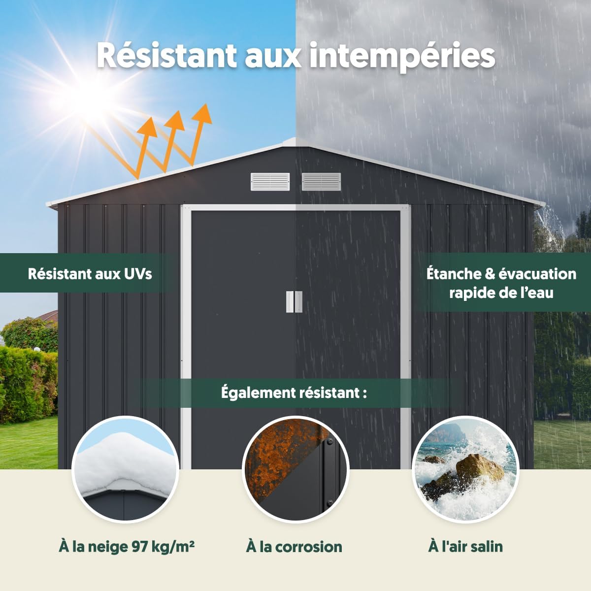 Abri de jardin métal - 7,06m² - fenêtre latérale, kit ancrage, 212cm
