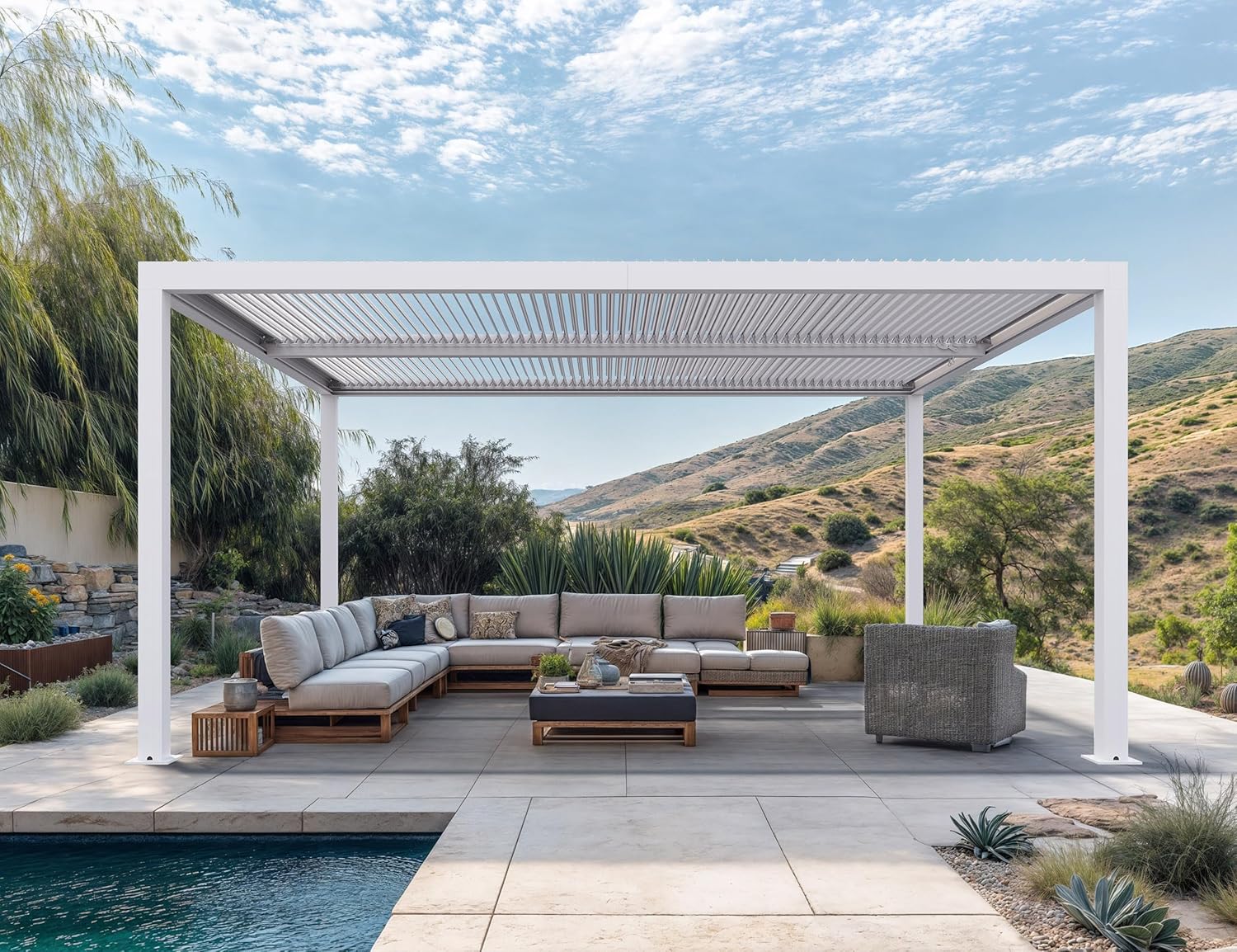 karaca-alisveris - Pergola bioclimatique aluminium 4,6x3,3m, lames orientables, blanc