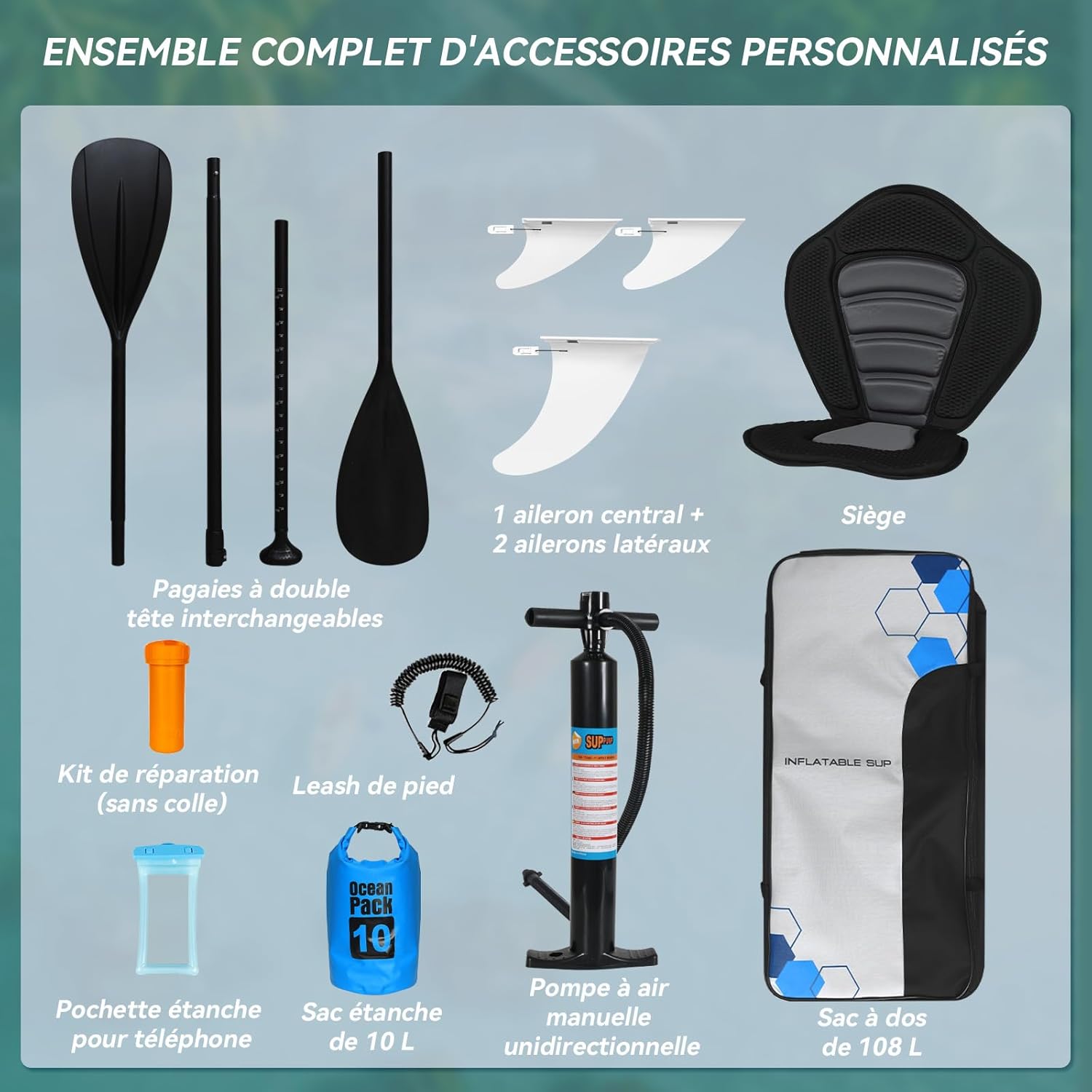 karaca-alisveris - paddle gonflable adulte - 320/335cm - 2 places, siège kayak, pagaie alu, support caméra, pompe, 150 kg