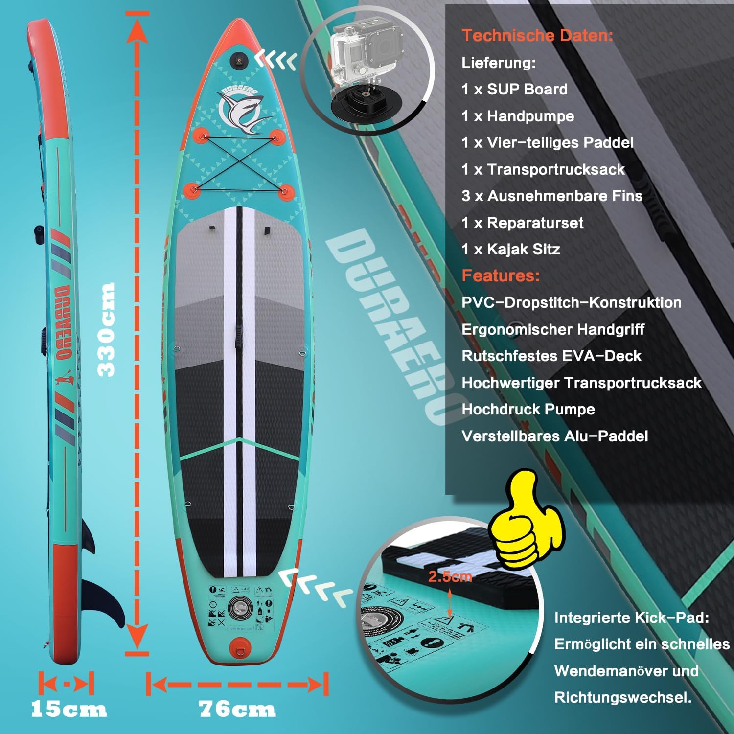 Siège de Kayak Gonflable Stand Up Paddle et Support de caméra, pagaie 2 en 1 330x76x15cm, Pompe jusqu'à 150kg avec Sangle de Pied, Sac à Dos