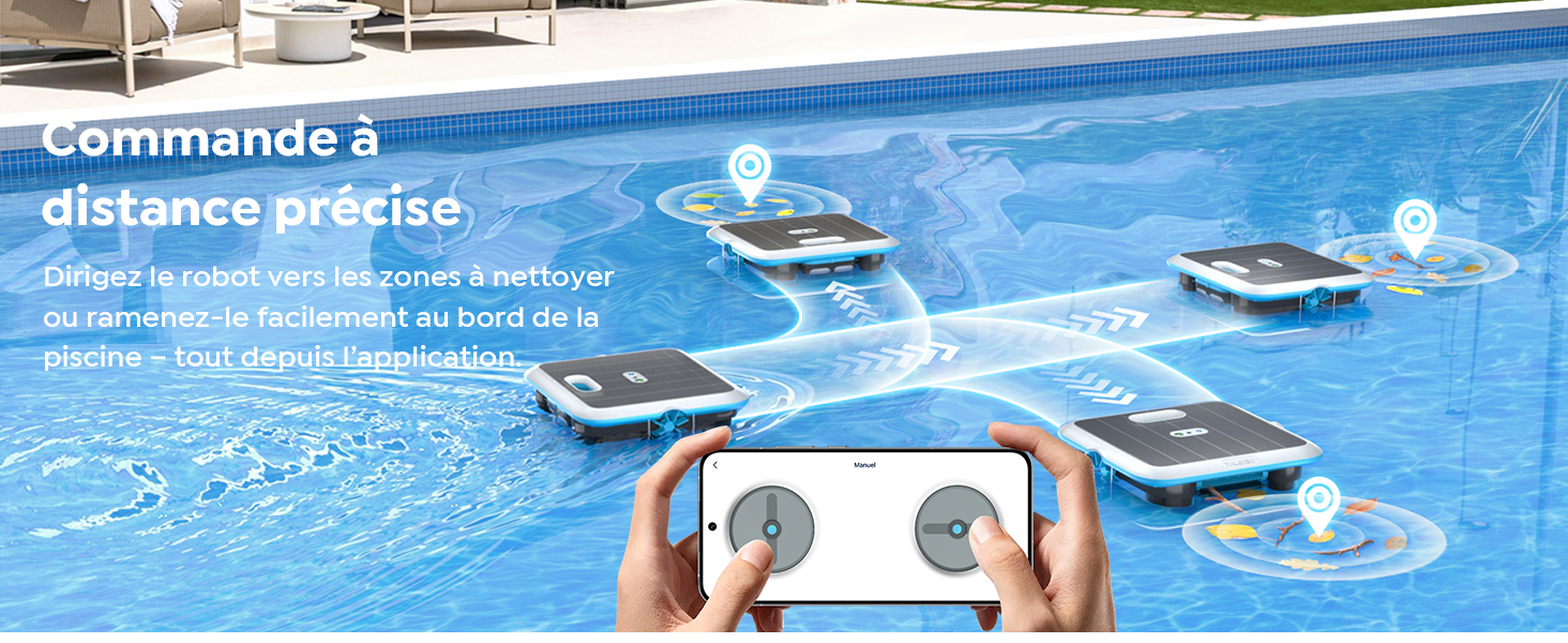 Le texte se lit comme suit : « Commande à distance précise ». Plusieurs robots nettoyeurs de piscine se déplaçant sur la surface d'une piscine, contrôlés par une personne tenant une télécommande.