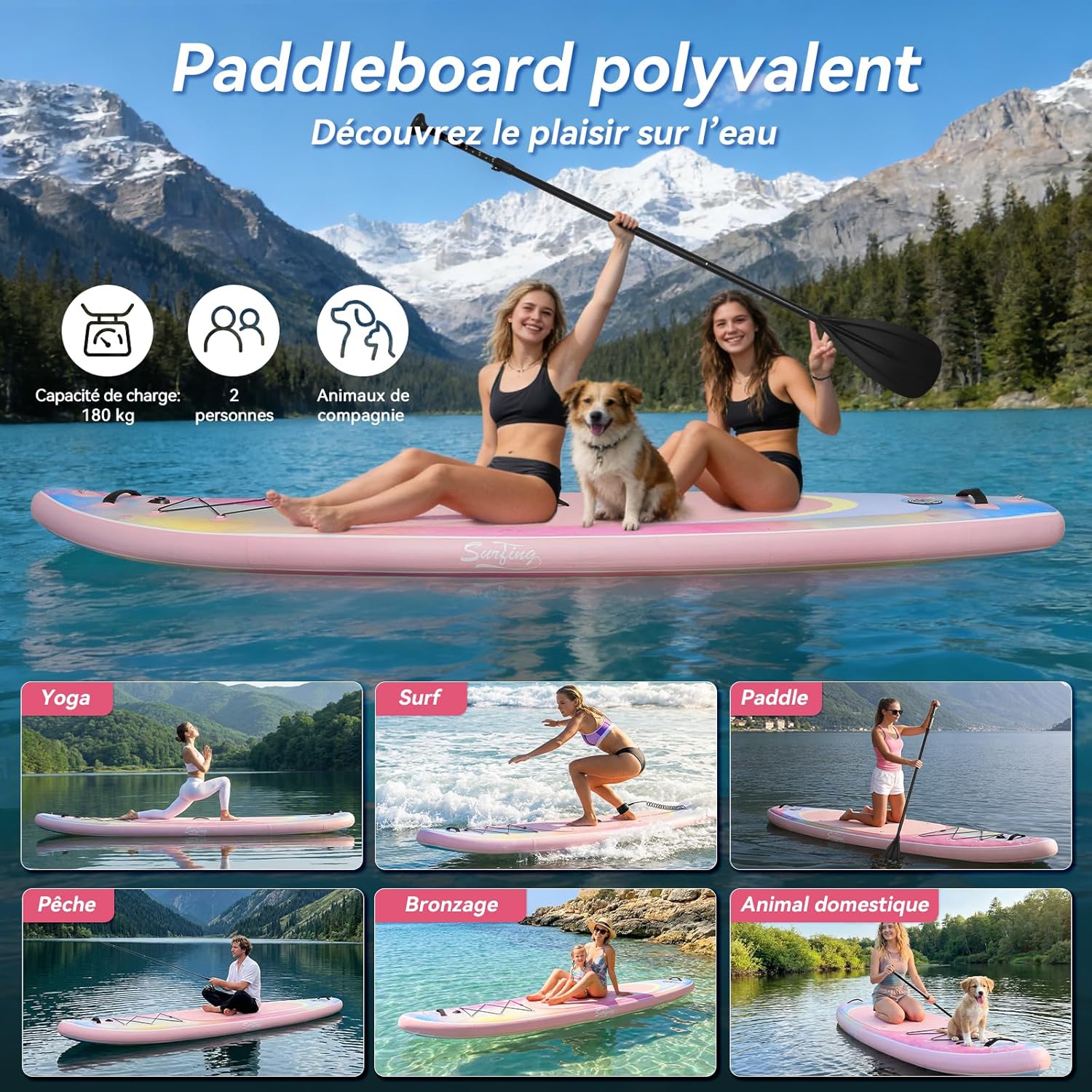 karaca-alisveris - Paddle Gonflable Série Adulte - 320/335cm - 2 places, siège kayak, pagaie alu, support caméra, pompe, 150kg
