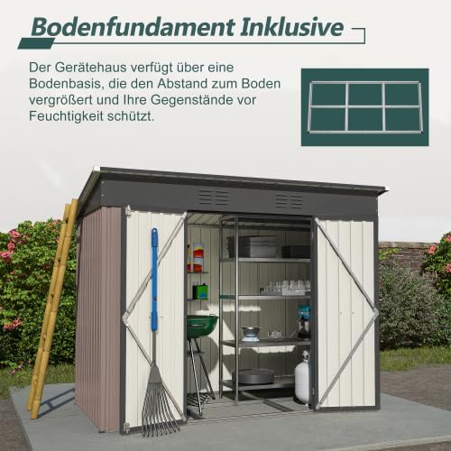 Abri de jardin en métal 229x111 cm – Marron, résistant aux intempéries avec cadre de fondation et porte verrouillable, pour vélos et outils, remise 8x4 pi