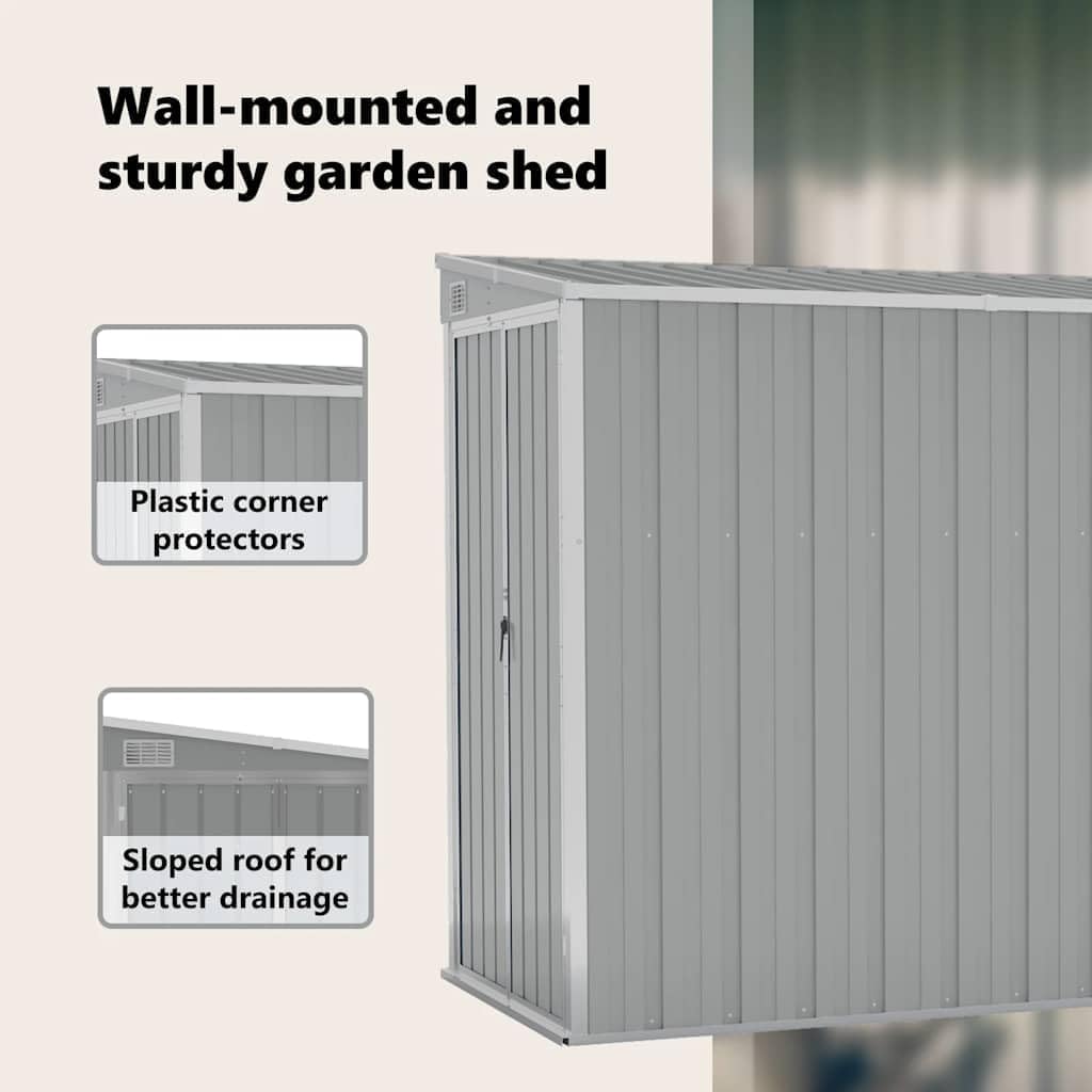 Abri de jardin mural acier gris 118x288x178 cm, rangement extérieur