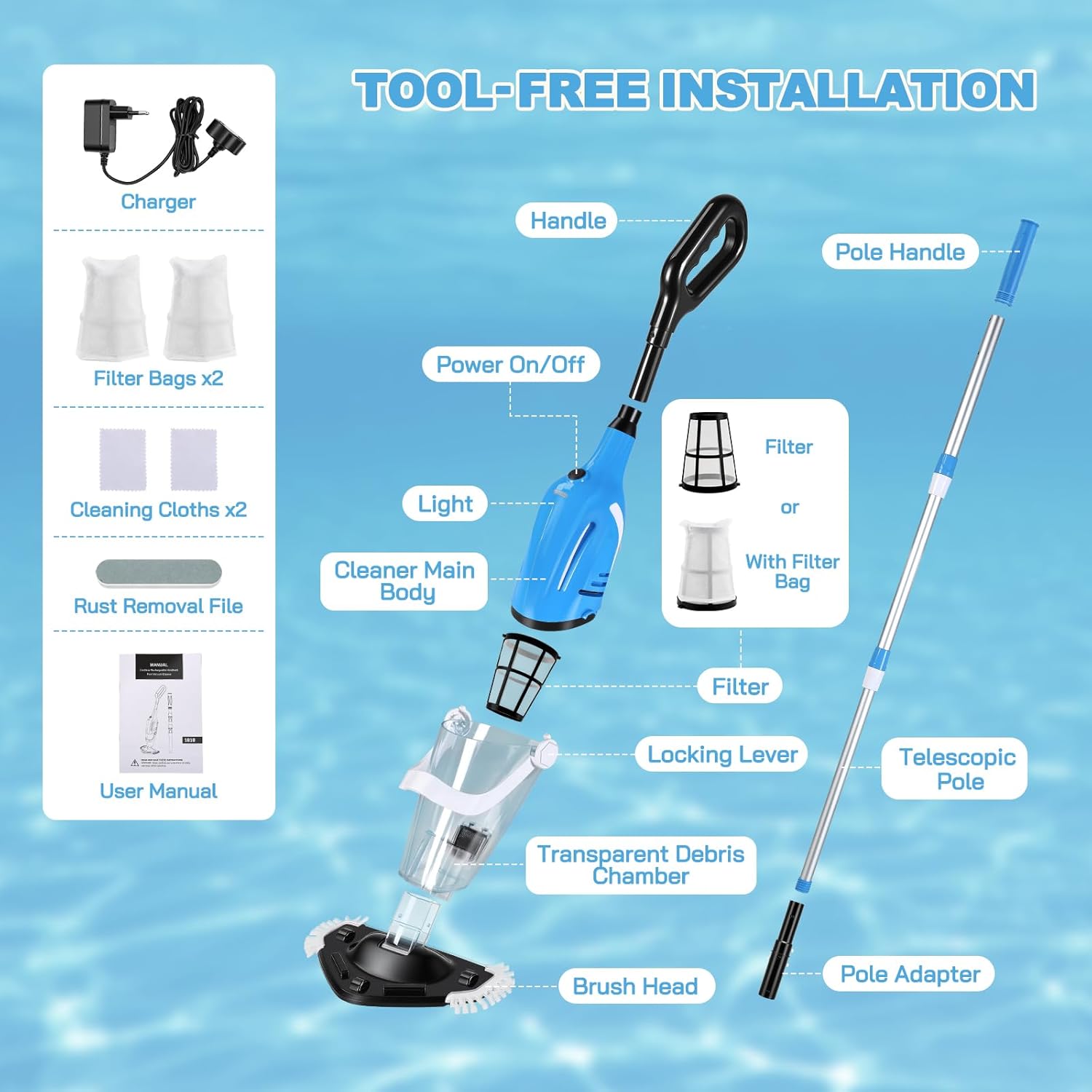 Aspirateur Piscine, Aspirateur Spa Rechargeable avec Aspiration Puissante 40 L/Min, Manche Télescopique de 131 à 199 cm, Capteur Automatique, 2 Têtes de Brosse pour Spas, Jacuzzis et Piscines