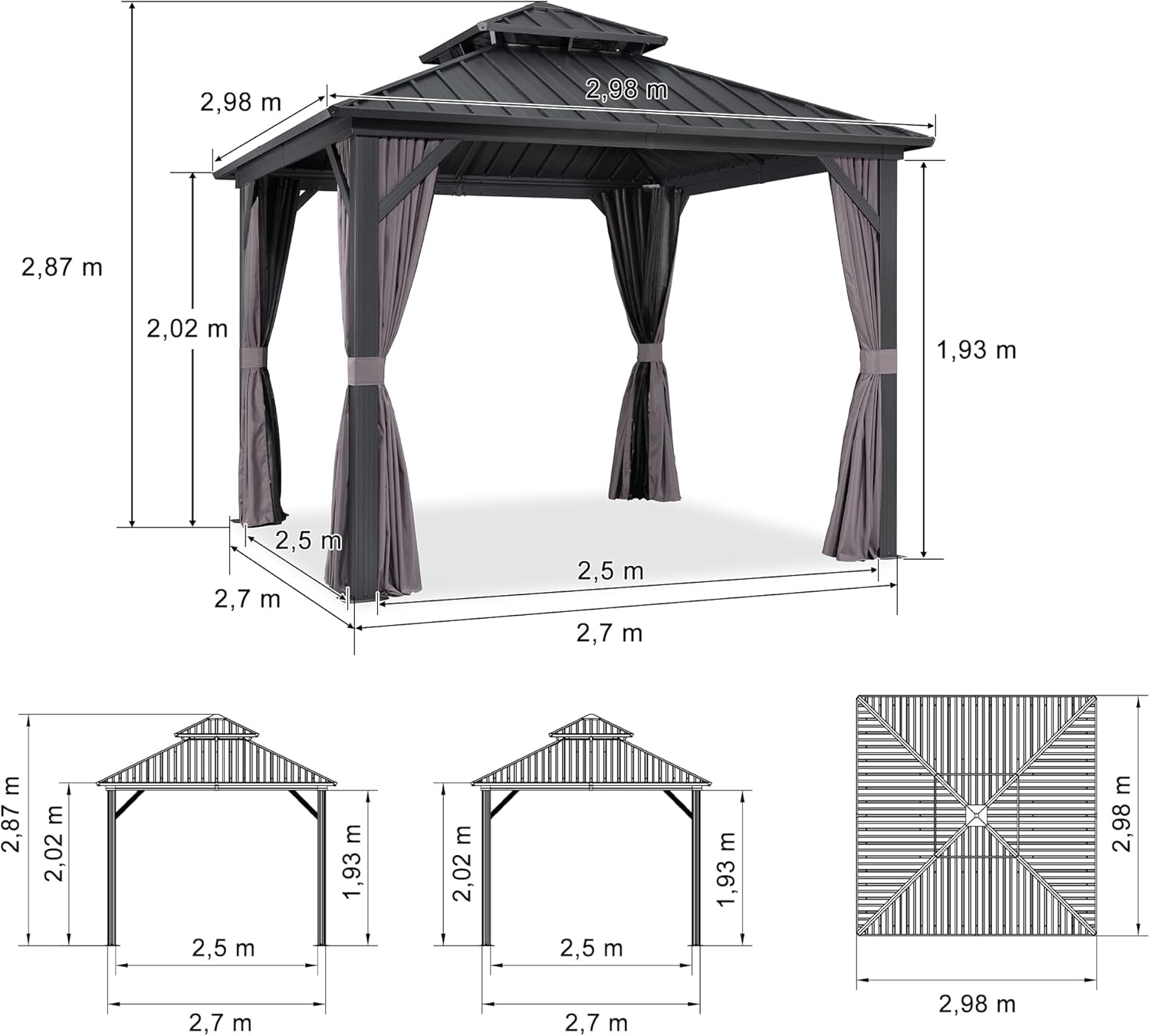 karaca-alisveris - Tonnelle de jardin alu 3x3 m toit double, rideaux, gris