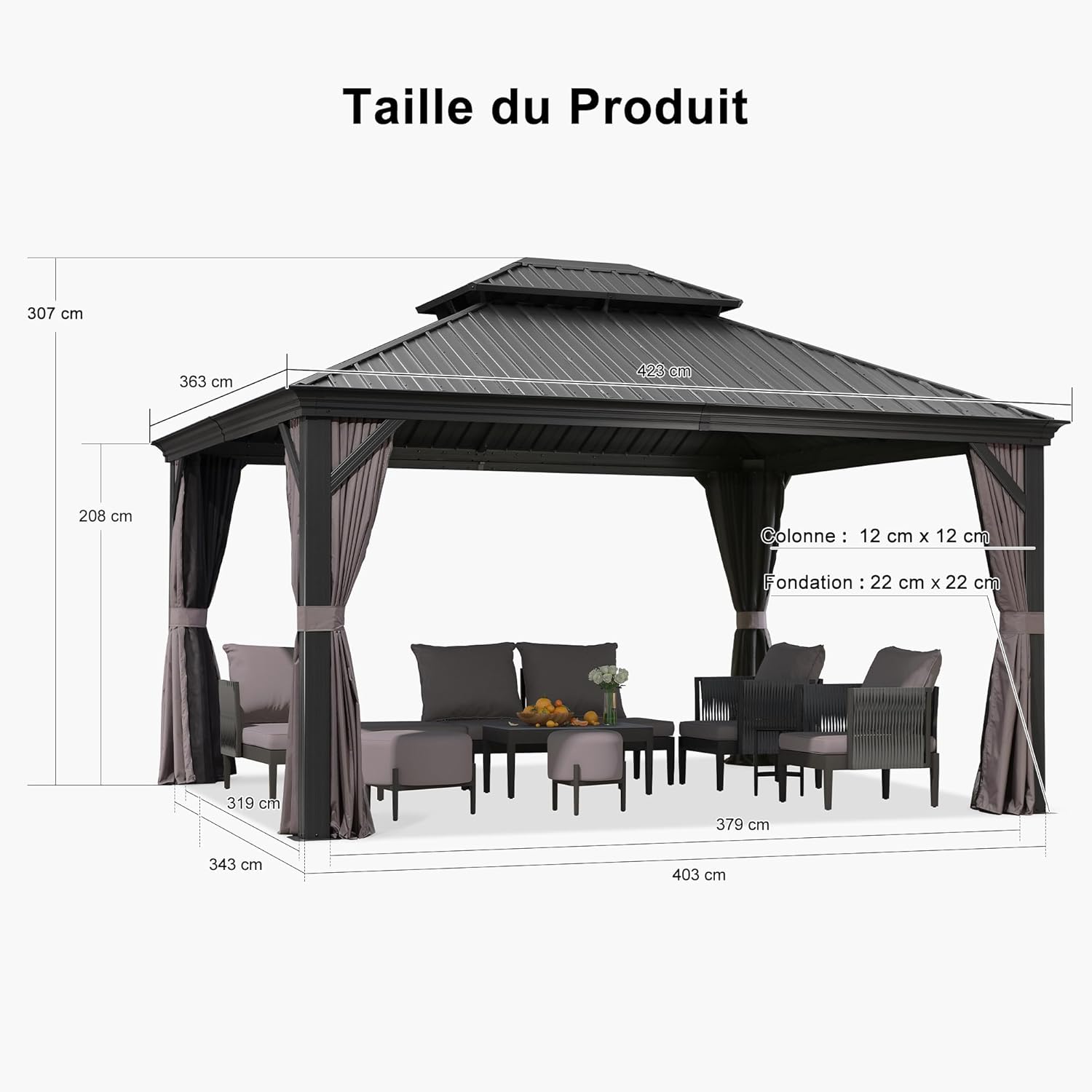 karaca-alisveris - tonnelle aluminium - 4,25x3,65m - éclairage intégré, rideaux moustiquaires, gouttière, poteaux renforcés