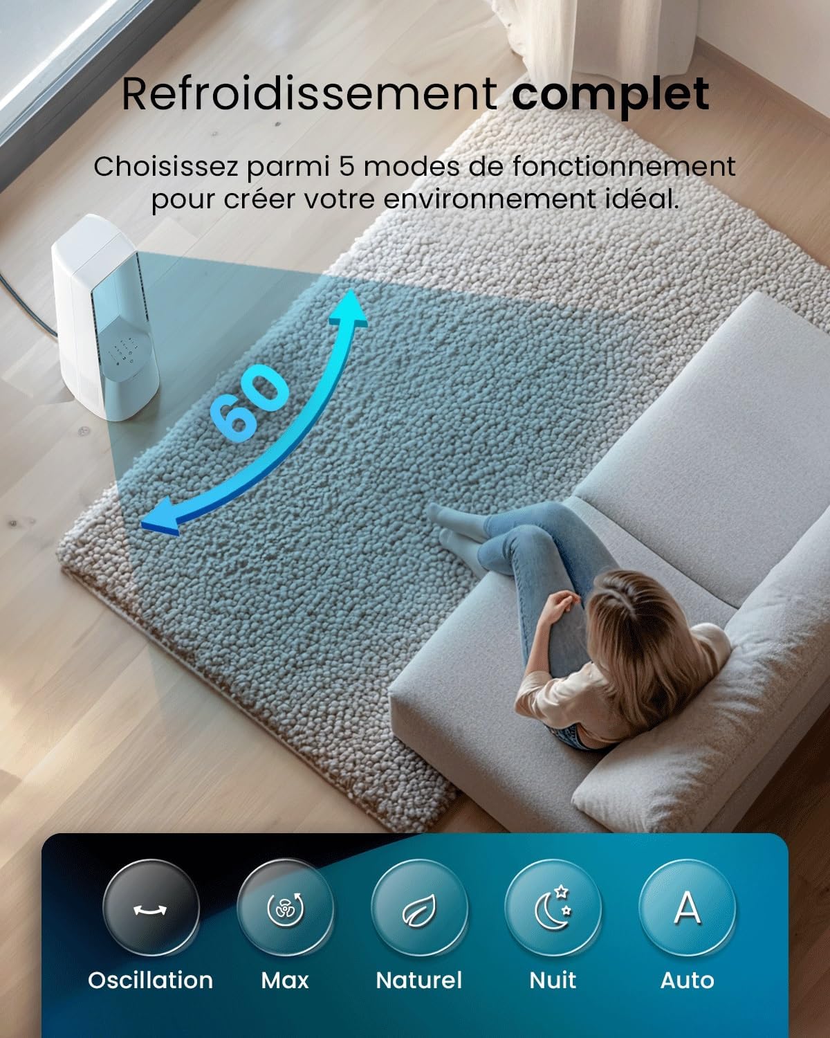 karaca-alisveris - Ventilateur Tour WiFi Intelligent 101cm - Silencieux, LED, télécommande, 6 vitesses, oscillation