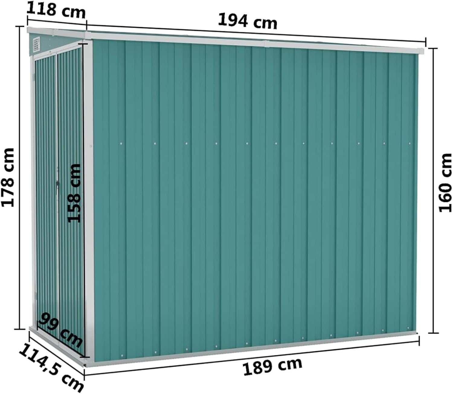 Abri de jardin mural en acier galvanisé vert 118 x 194 x 178 cm