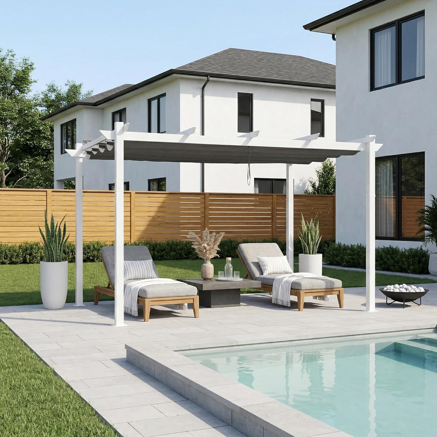 karaca-alisveris - pergola aluminium - 4x3m - éclairage intégré, toit protégé, blanc/gris