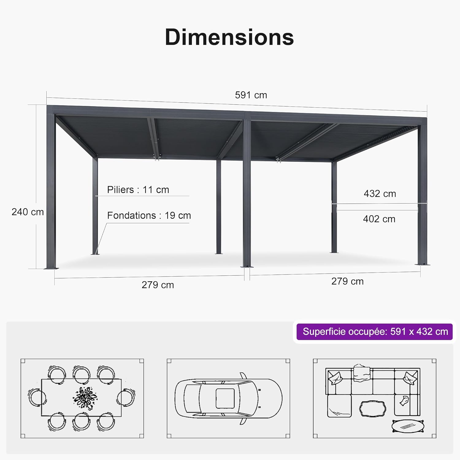 karaca-alisveris - pergola bioclimatique - 6x4,24m aluminium, lames indépendantes