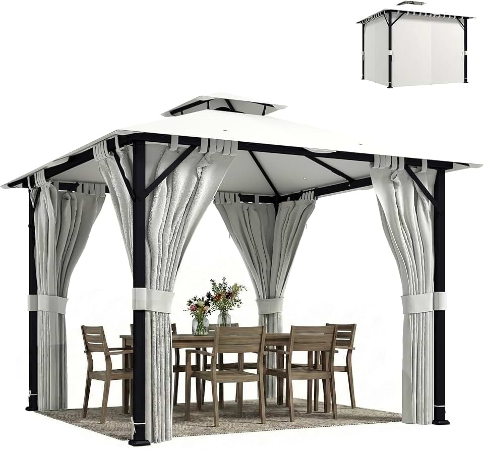 karaca-alisveris - tonnelle pavillon 3x3m - métal robuste, toit double, rideaux, UPF50+