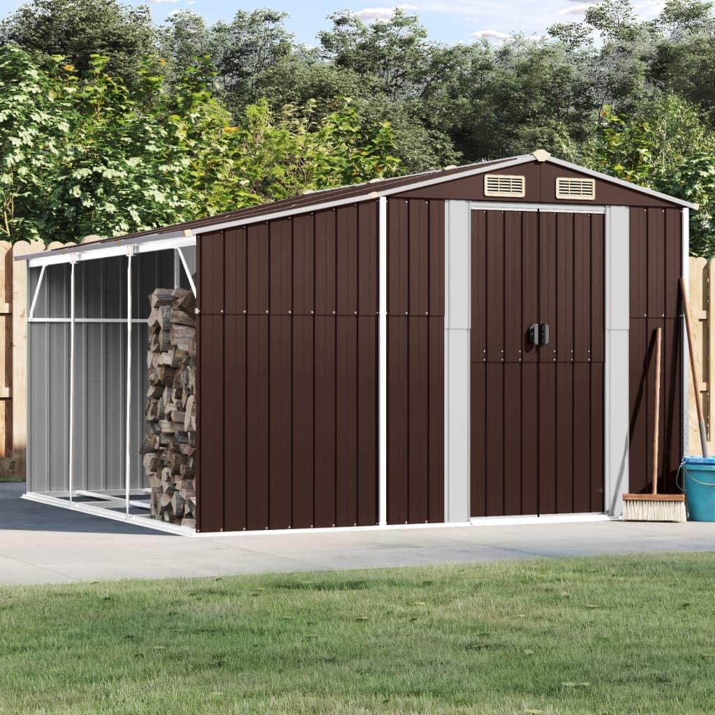 Abri de jardin en acier galvanisé avec toit incliné durable pour bûches et charbon, 277 x 279 x 179 cm, solution de rangement d'extérieur marron