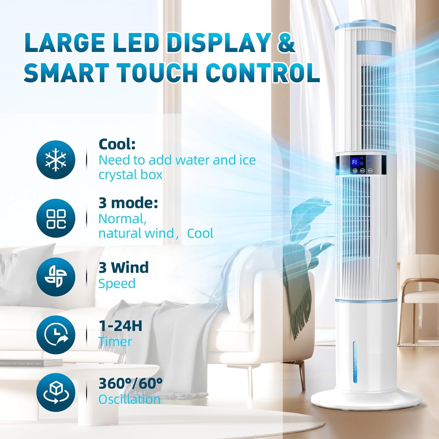 Climatiseur mobile - 2 sorties, oscillation 360°, 65W, 24h minuteur, 3 modes, 3 vitesses, télécommande - pour chambre, b