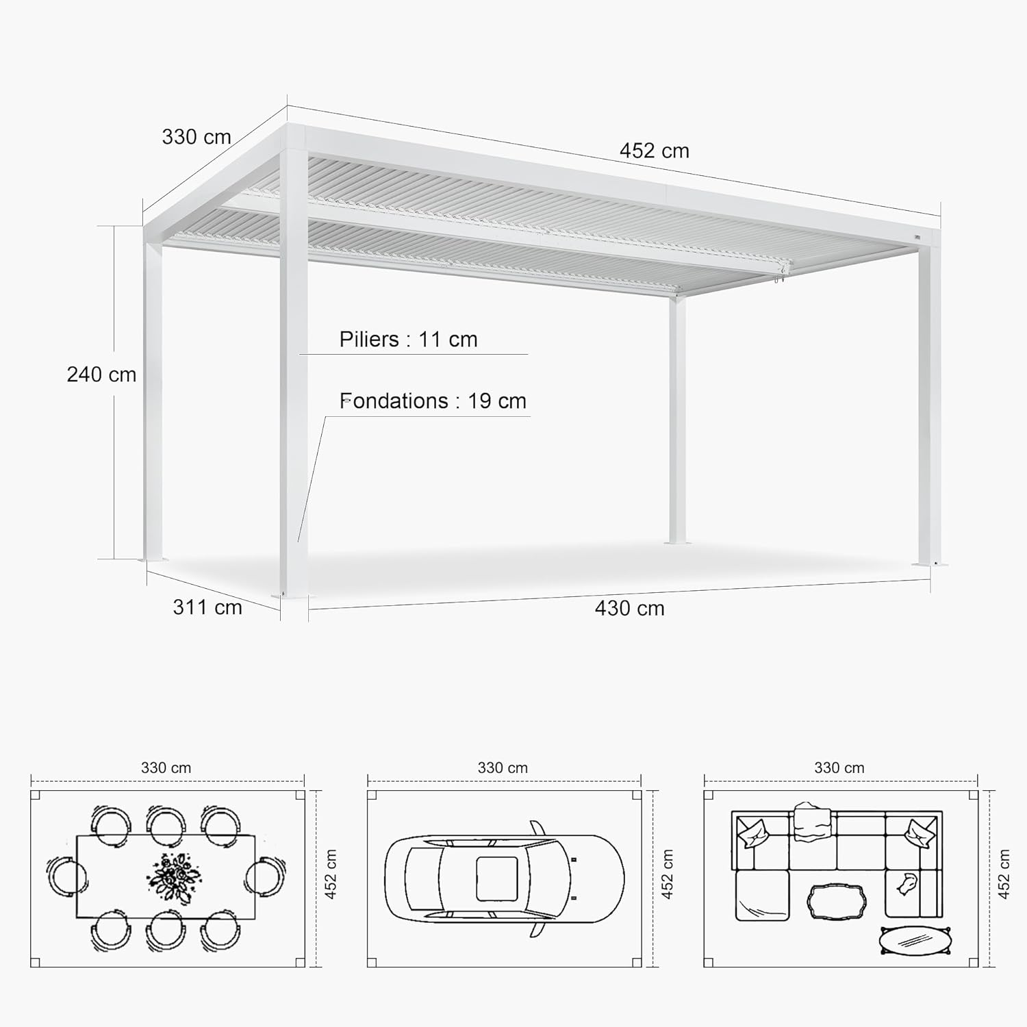 karaca-alisveris - pergola bioclimatique - 4,6x3,3 m - alu, lames orientables, éclairage intégré
