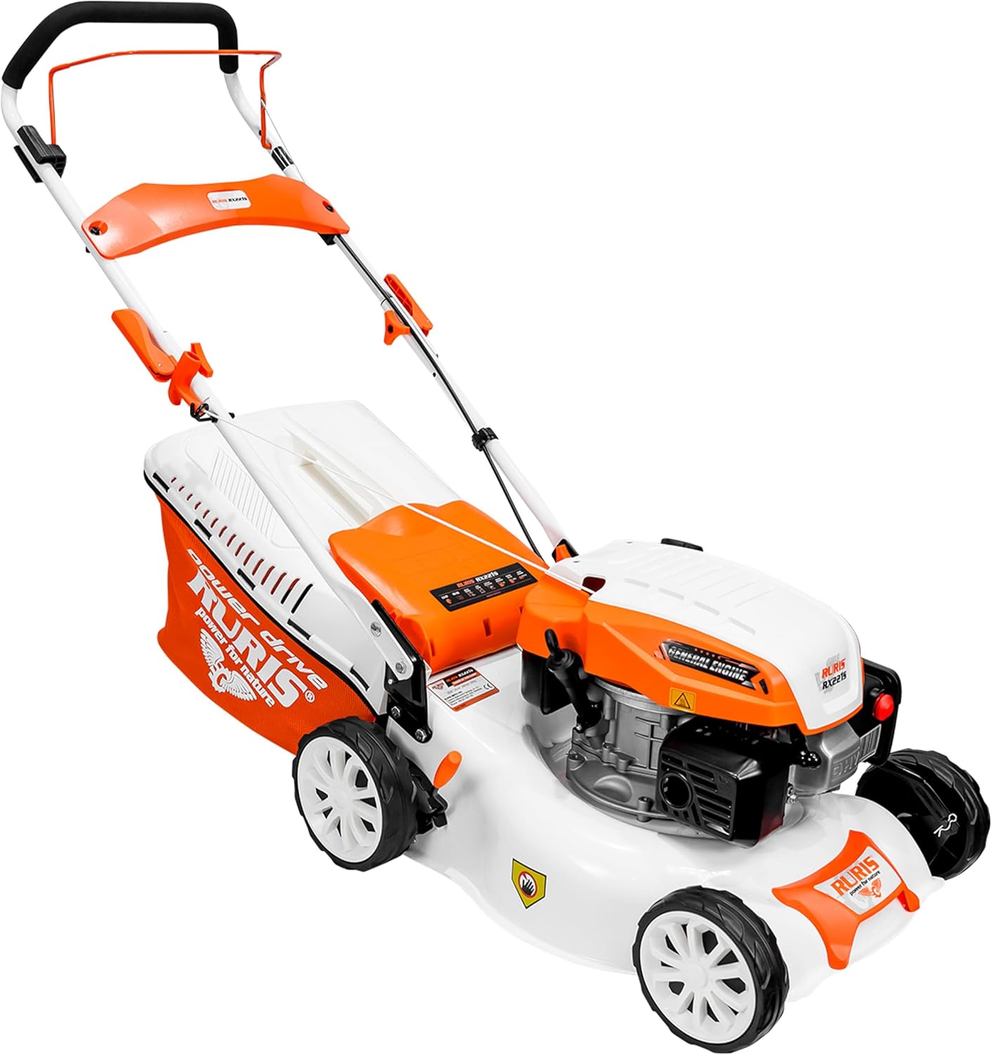 RURIS Tondeuse à Gazon Thermique RX221S, 3,5 CV, 42 cm, Sac 45L, 3 en 1: Collecte, Éjection Arrière, Mulching, Châssis Acier, Hauteur de Coupe 25-75 mm, Orange