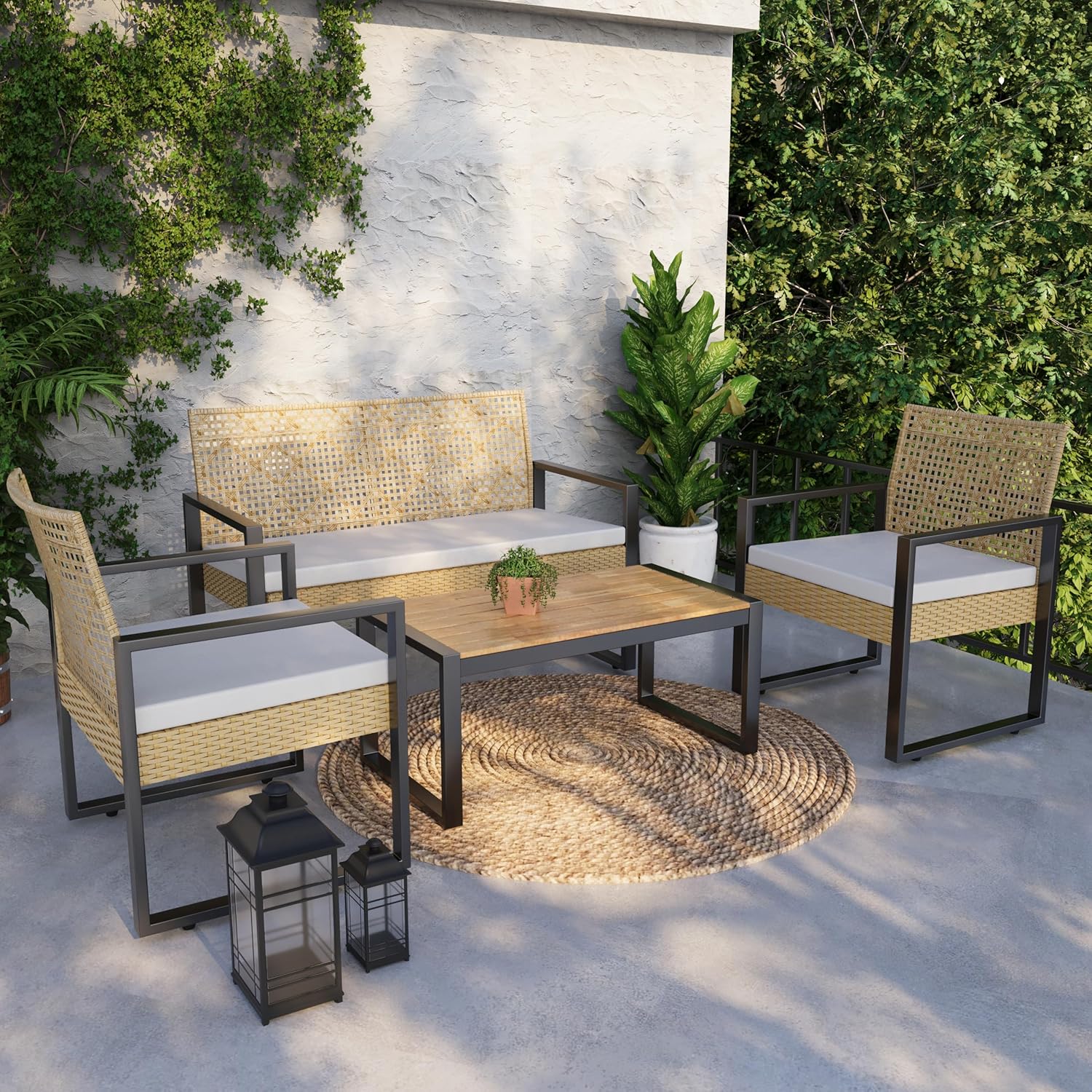 karaca-alisveris - Salon de jardin 4 pièces, acier/acacia, 2 chaises + banc, beige/naturel