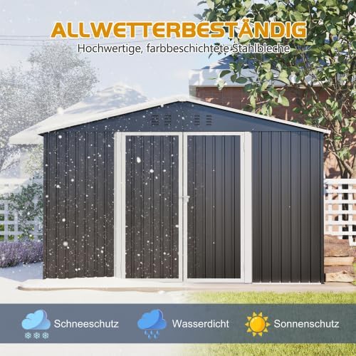 Abri de jardin en métal 300 x 252 x 191 cm Anthracite XXL avec toit à pignon, résistant aux intempéries et à la rouille, garage à vélo, armoire de jardin et stockage de poubelles