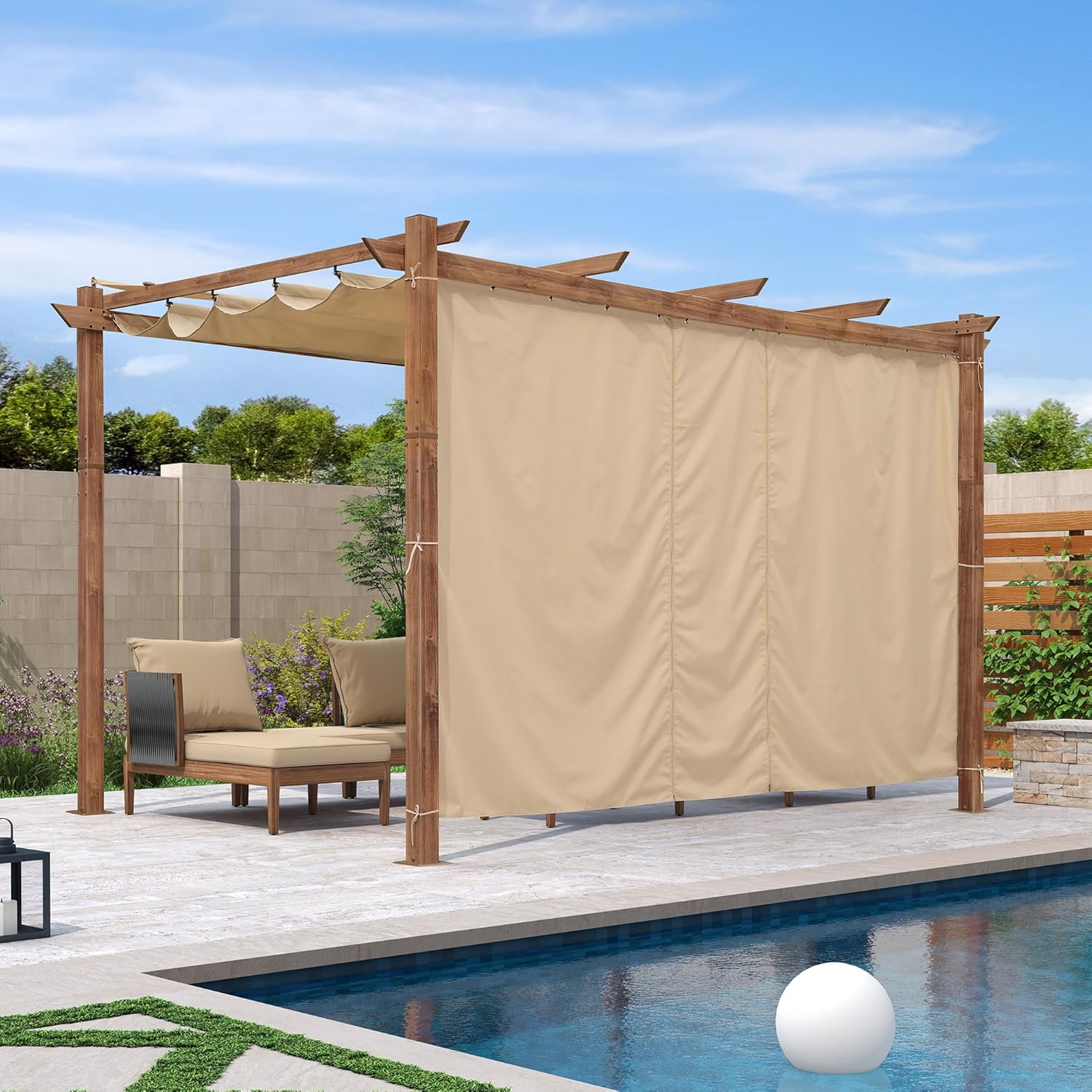 karaca-alisveris - Pergola alu finition teck 4x3m - toile rétractable, rideau, kaki