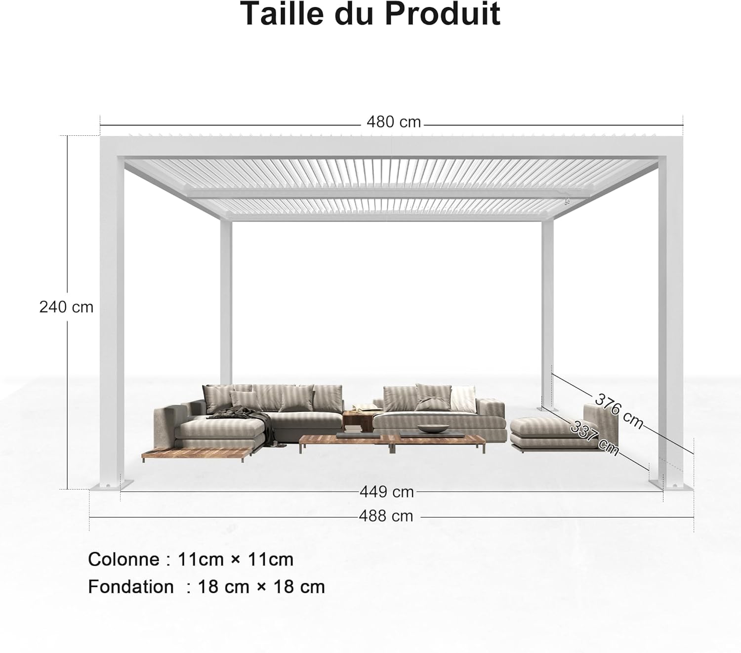 karaca-alisveris - Pergola bioclimatique - 4,8x3,68m - lames orientables, éclairage intégré, aluminium, blanc