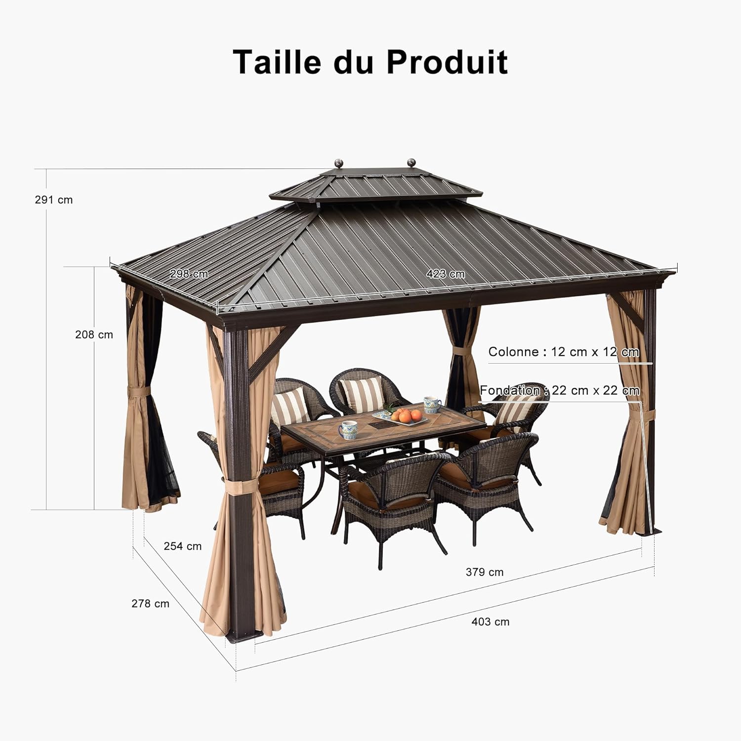 karaca-alisveris - pergola extérieure 4,25x3m - alu, LED, rideaux, gouttière