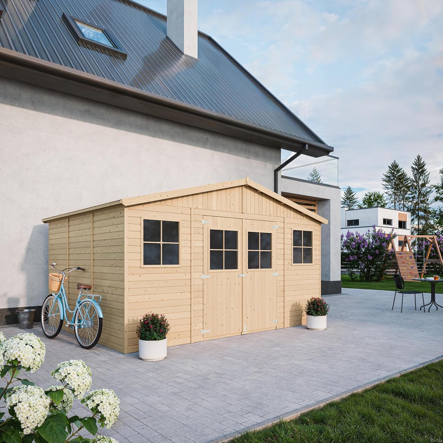 Abri de Jardin en Bois Exterieur avec Plancher IMPRÉGNÉ- Chalet en Pin/épicéa-H246x418x320 cm/12 m²- Construction de Panneaux - Rangement pour vélos, Remise à Outils- karaca-alisveris M331+M331G