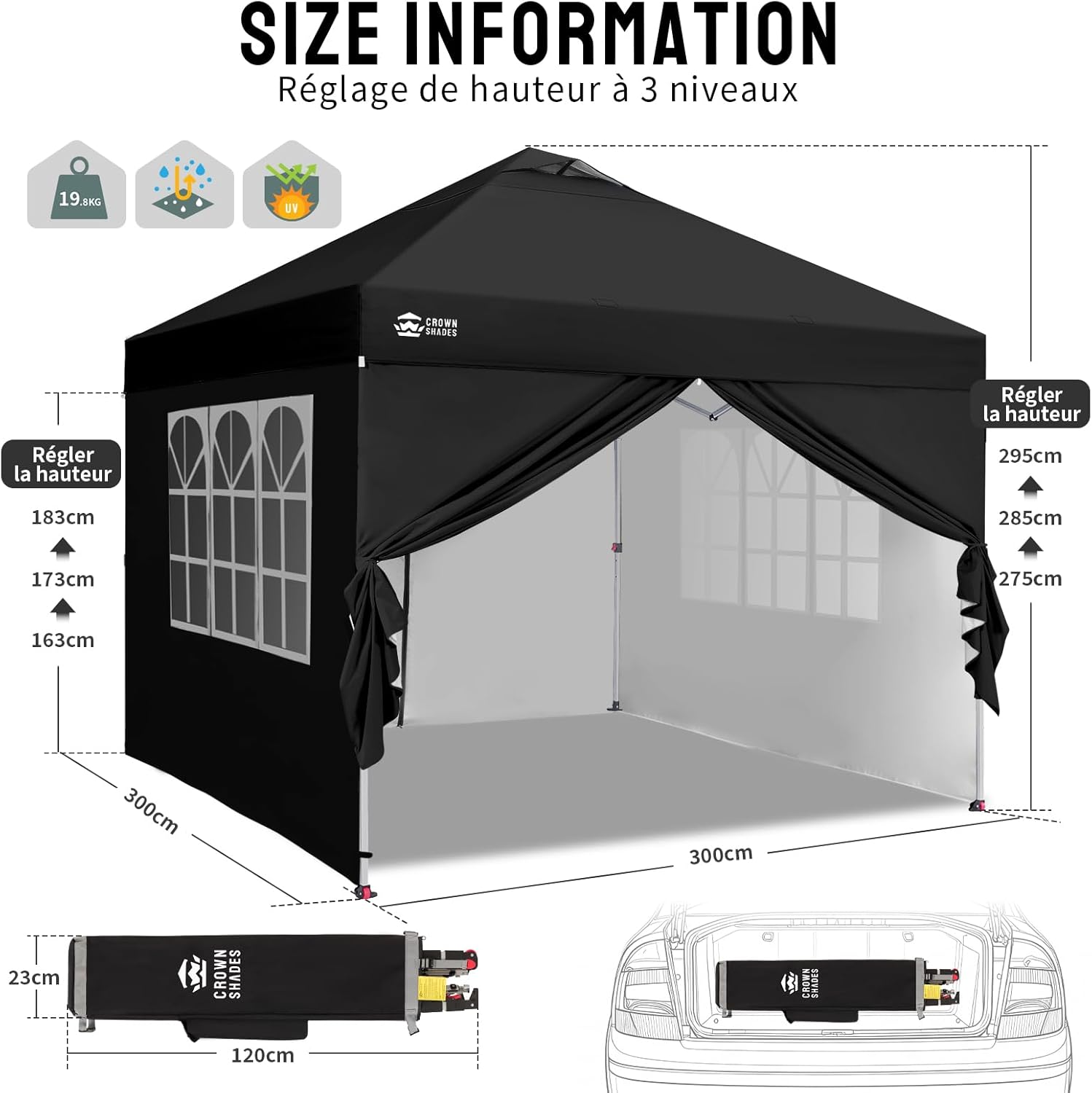 karaca-alisveris - Tonnelle pliante 3x3m imperméable, P/Pop-Up, 4 parois amovibles, Sac, UPF 50+ - CN0032