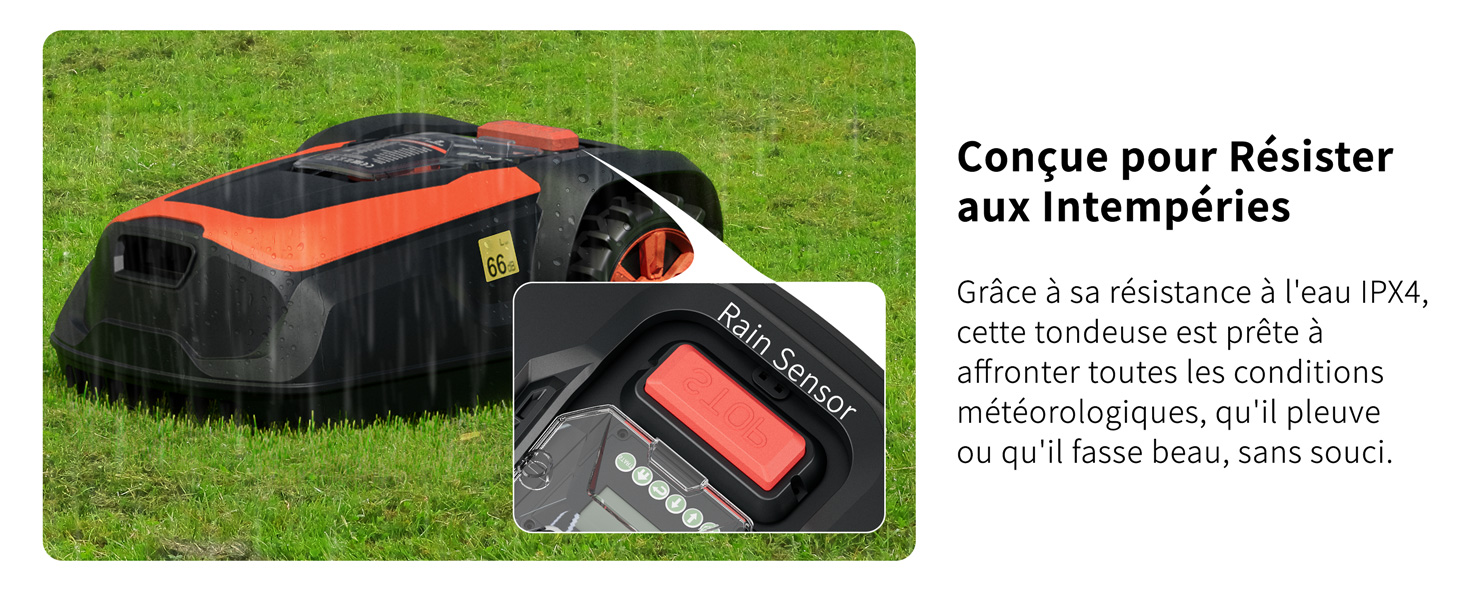 orange et noire sur gazon avec un texte en français décrivant les capacités de résistance aux intempéries.