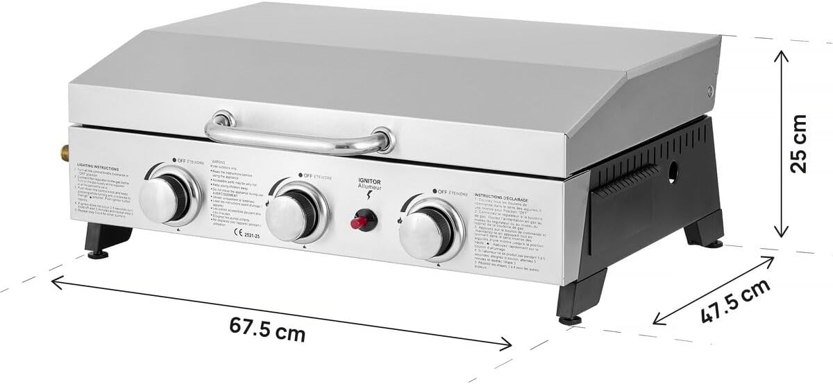 Fasto - Plancha 3 brûleurs 7,5 KW avec couvercle métal - Gris
